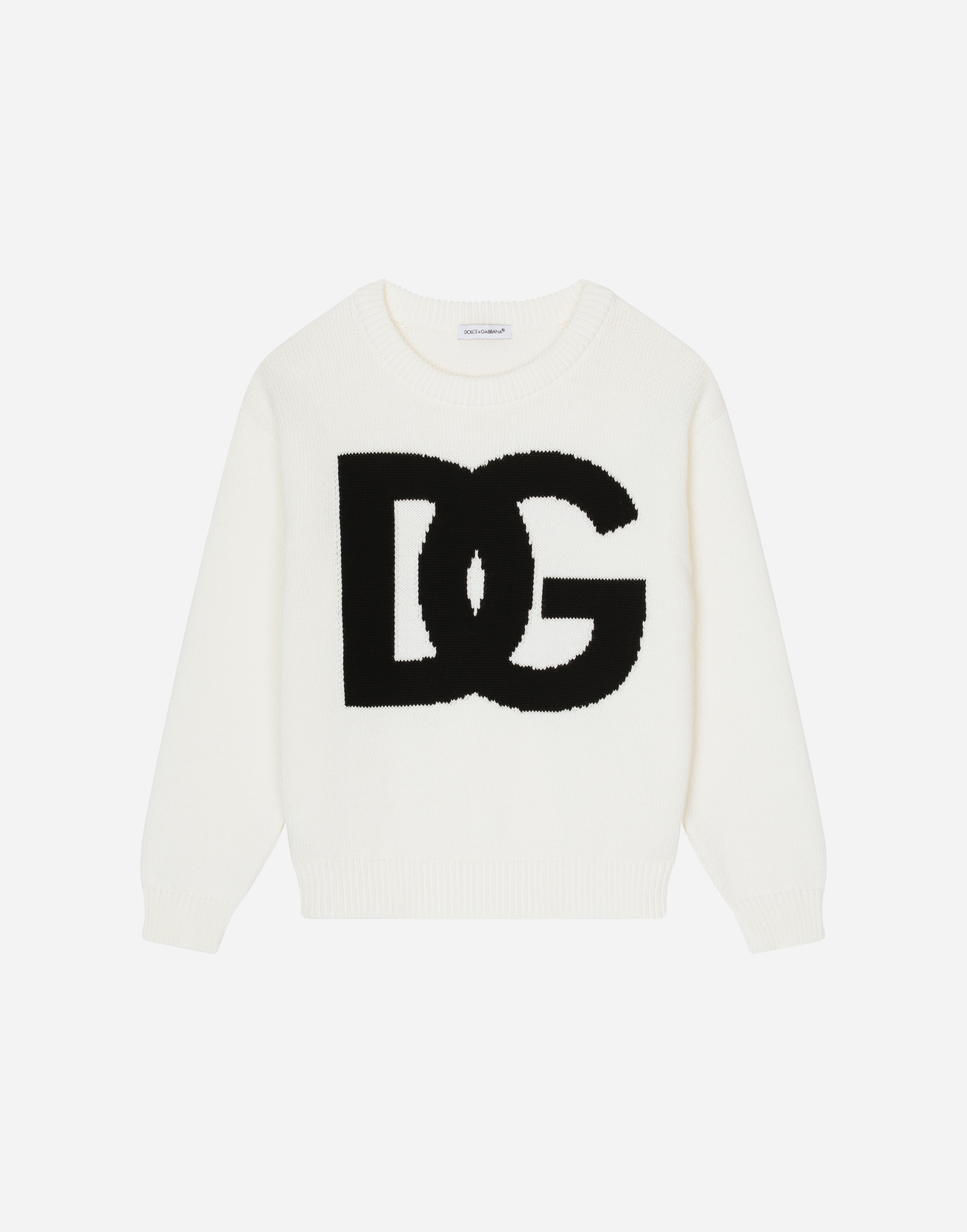 Dolce & Gabbana Kids' Plain-knit Cotton Round-neck Pullover With Inlaid Dg Logo In Multicolor
