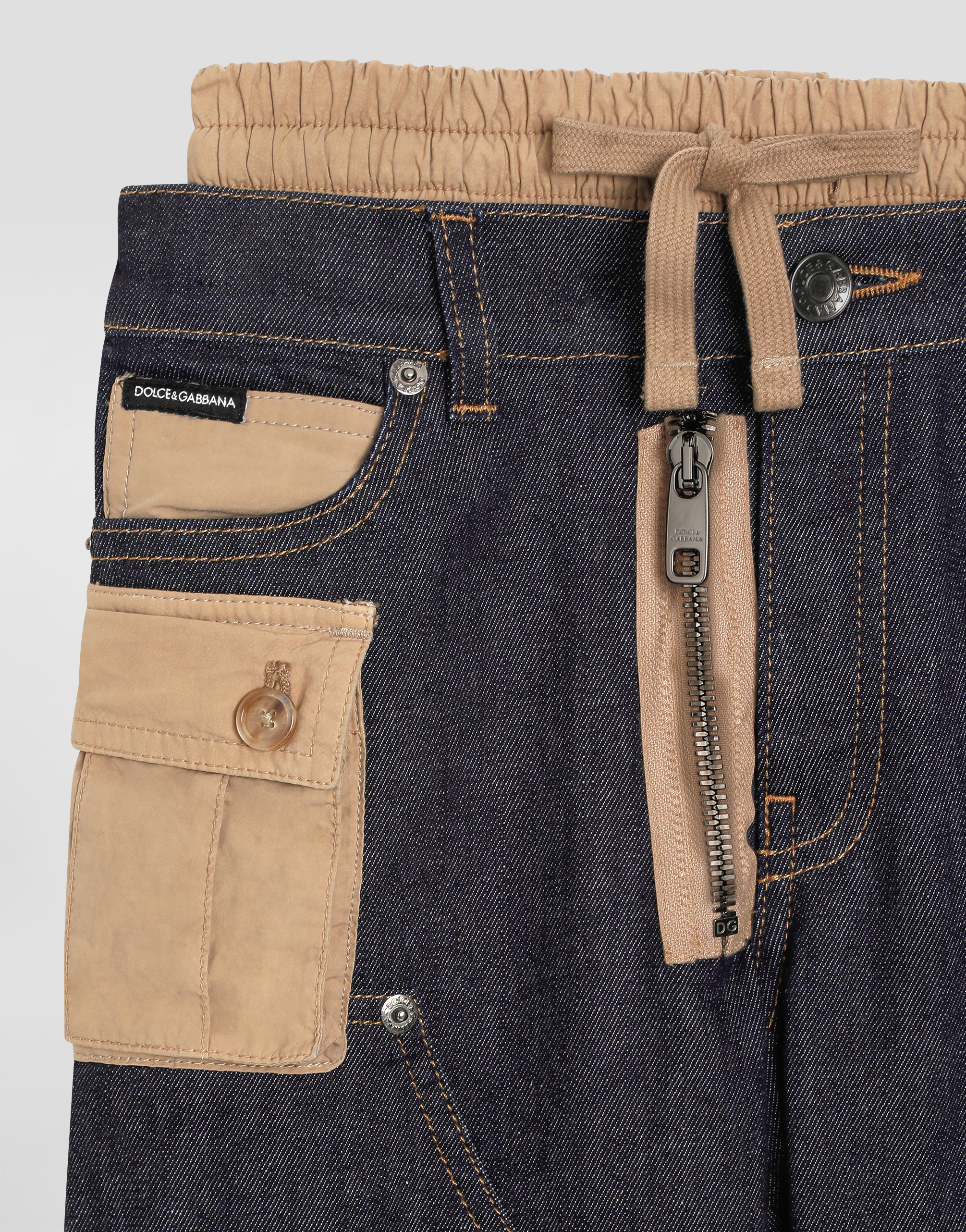 Denim trousers with double belt motif