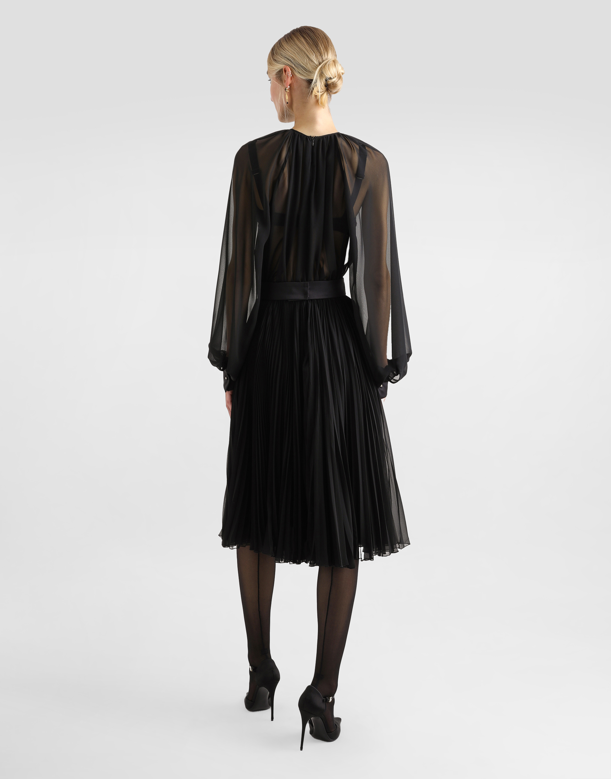 Dolce & Gabbana Calf-length Babydoll Dress With Pleated Skirt In Black