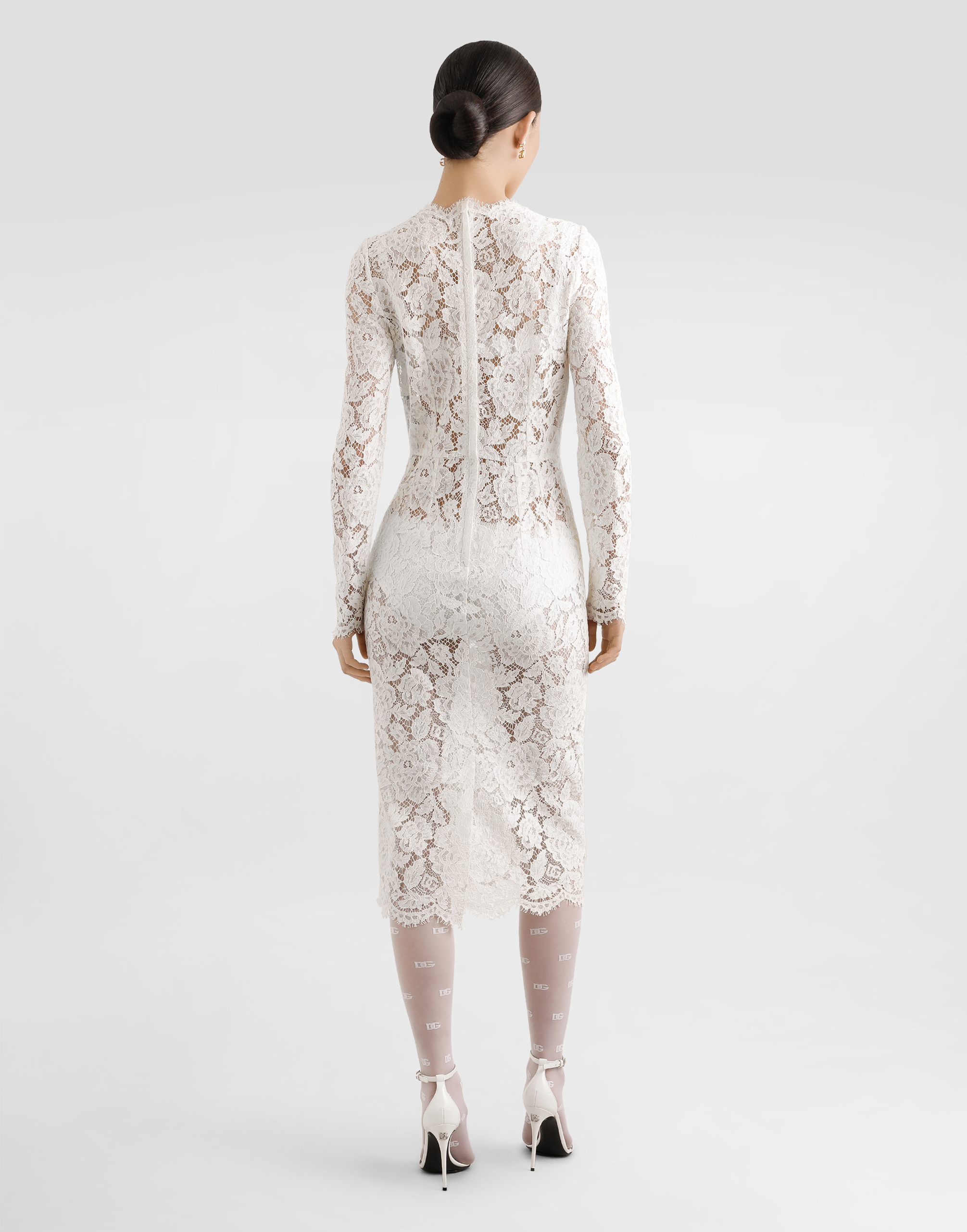 Dolce & Gabbana Long-sleeved Branded Stretch Lace Dress In White