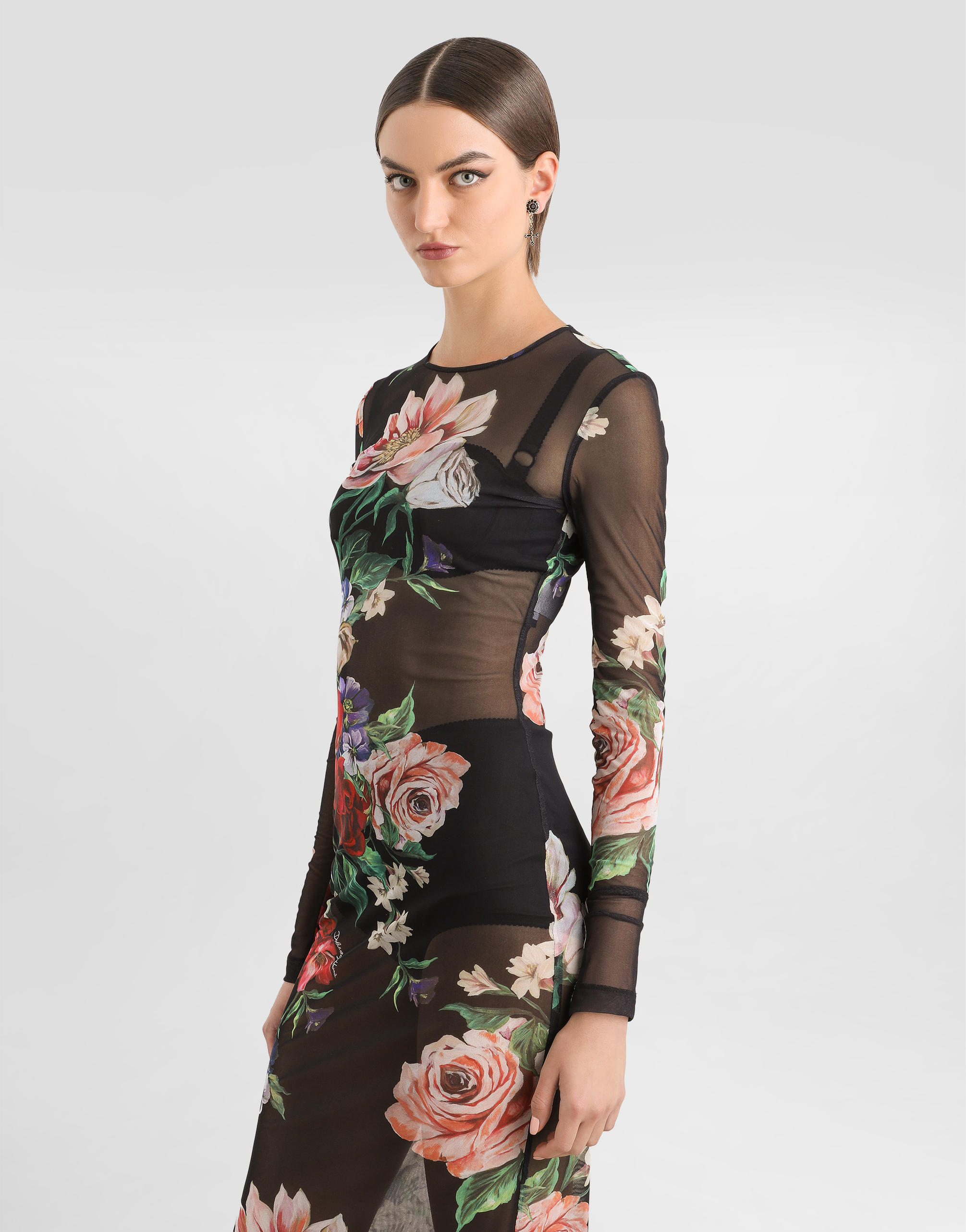 Dolce & Gabbana Tulle Calf-length Dress With Floral Print In Stampa
