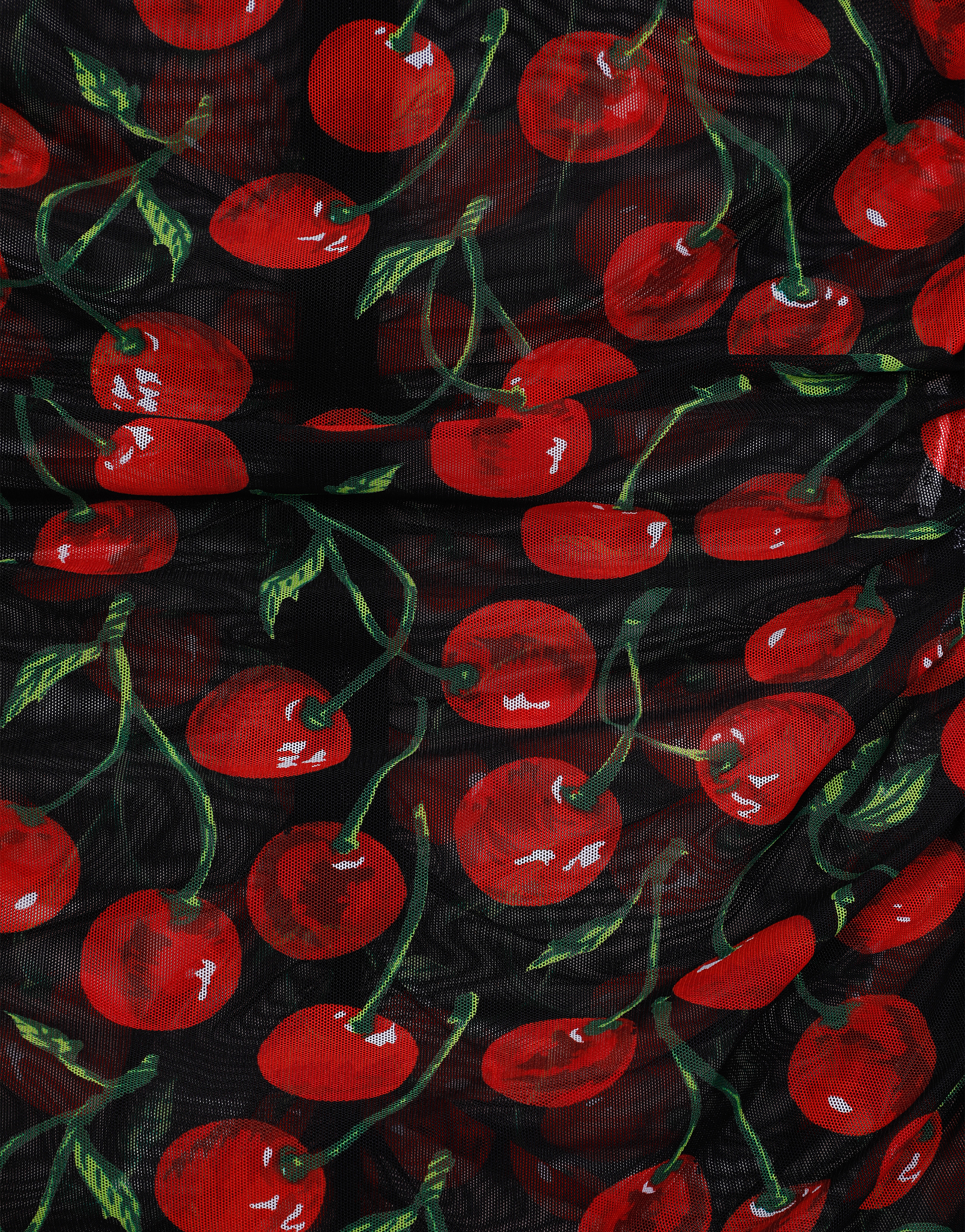 DOLCE & GABBANA LONG-SLEEVED TULLE TOP WITH CHERRY PRINT AND DRAPING