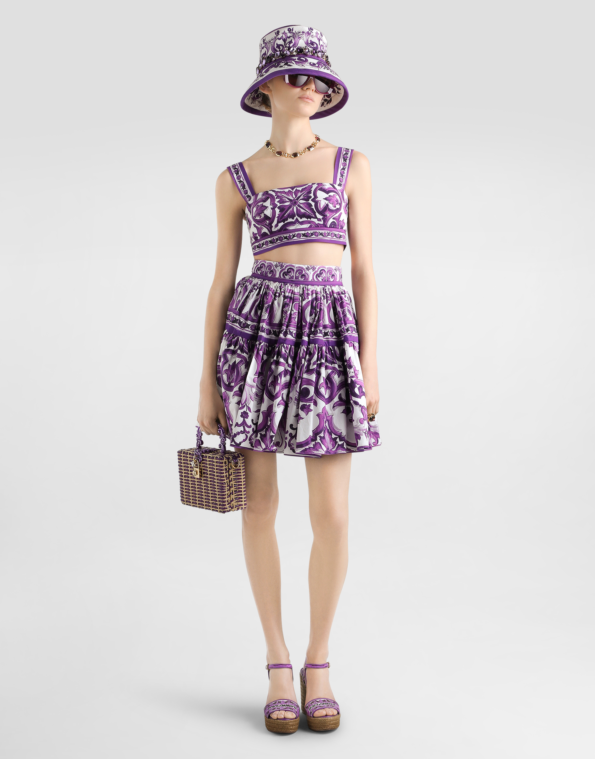 Dolce & Gabbana Violet Pleated Miniskirt With Rear Zip Closure And All-over Graphic Print In Cotton Woman In Purple