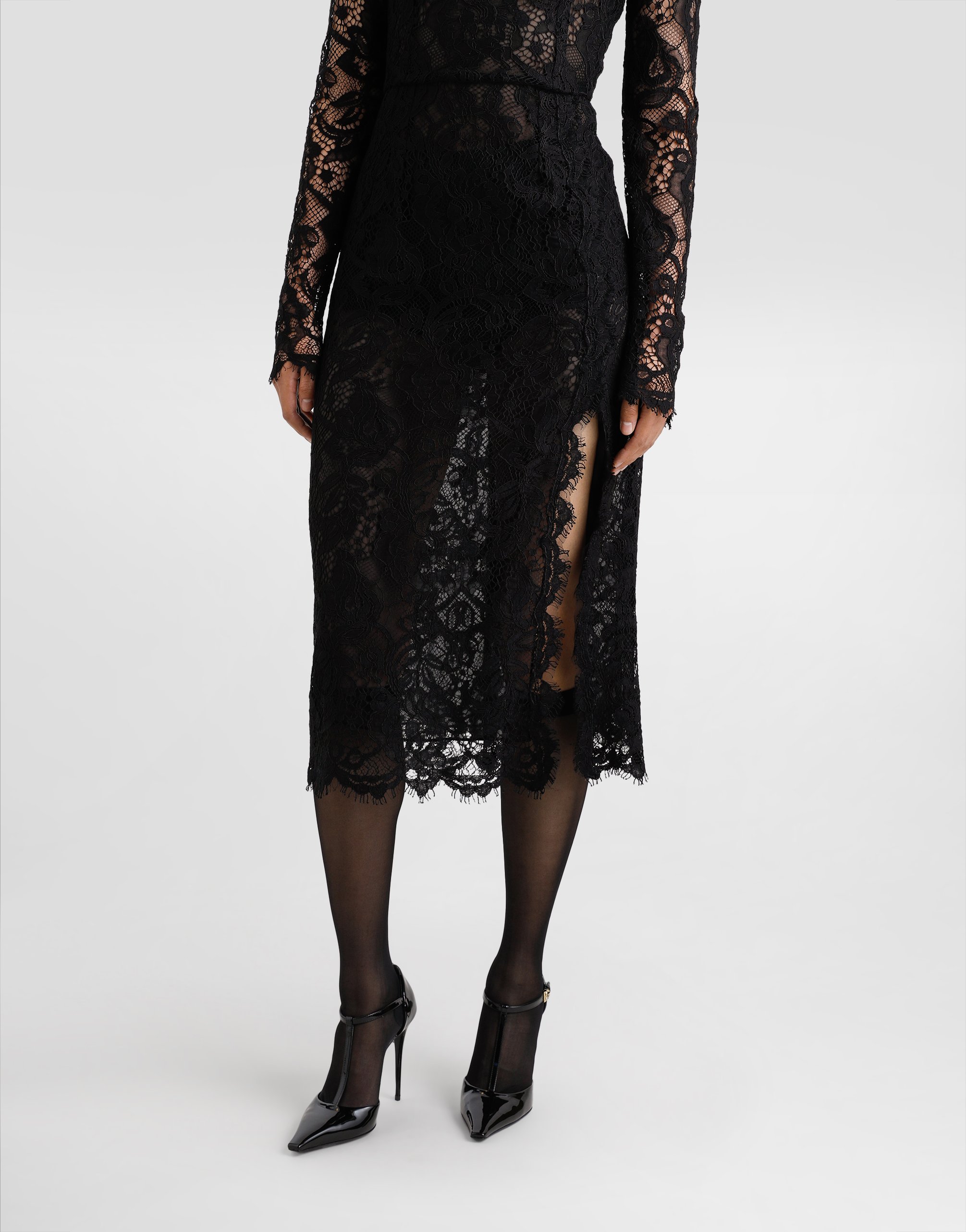Flared calf-length floral lace dress with contrasting lining