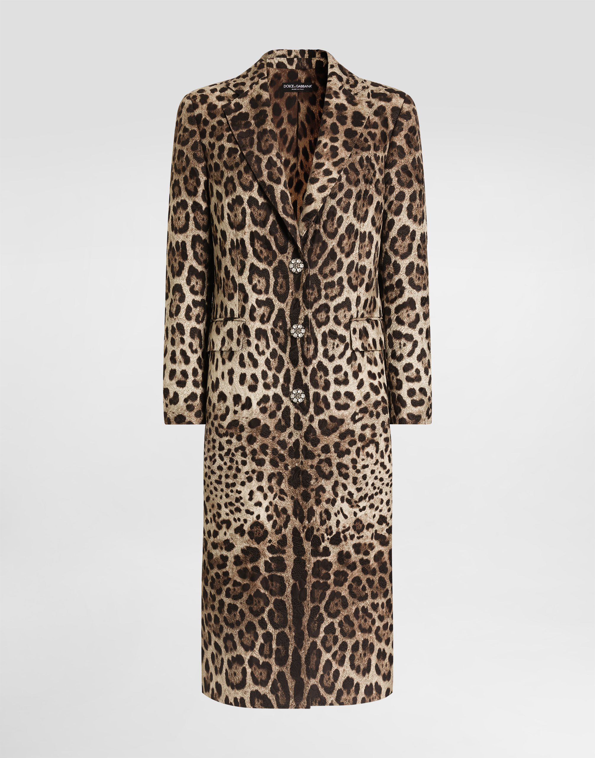 Leo-print brocade single-breasted coat with jewel buttons in Print