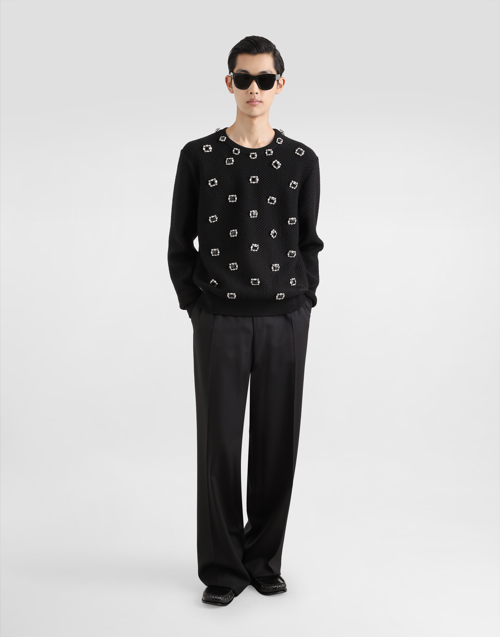 Dolce & Gabbana Wool Round-neck Sweater With Embroidery And Bejeweled Buttons In Black