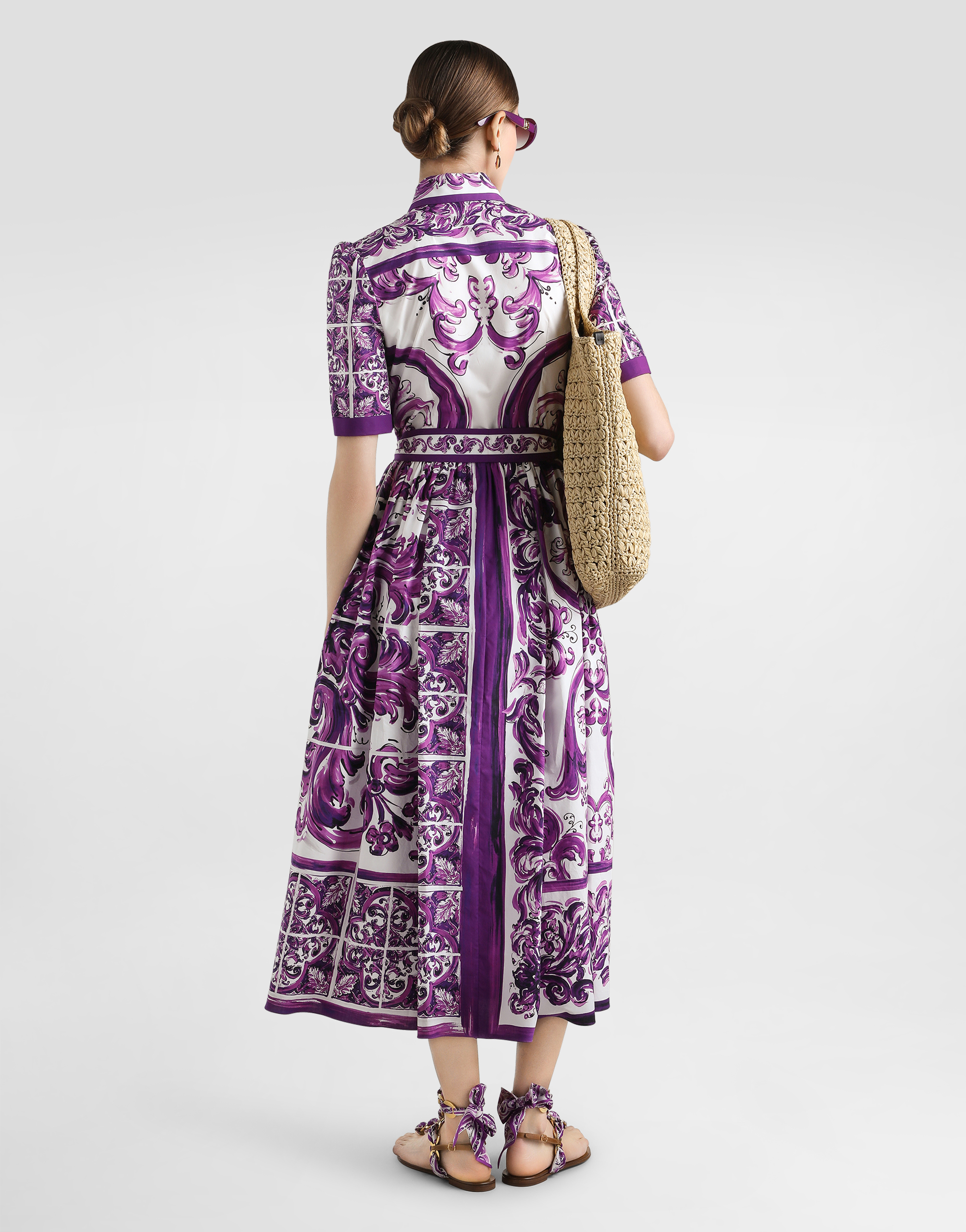 Dolce & Gabbana Collar Dress With Waist Knot And Majolica Print In Purple