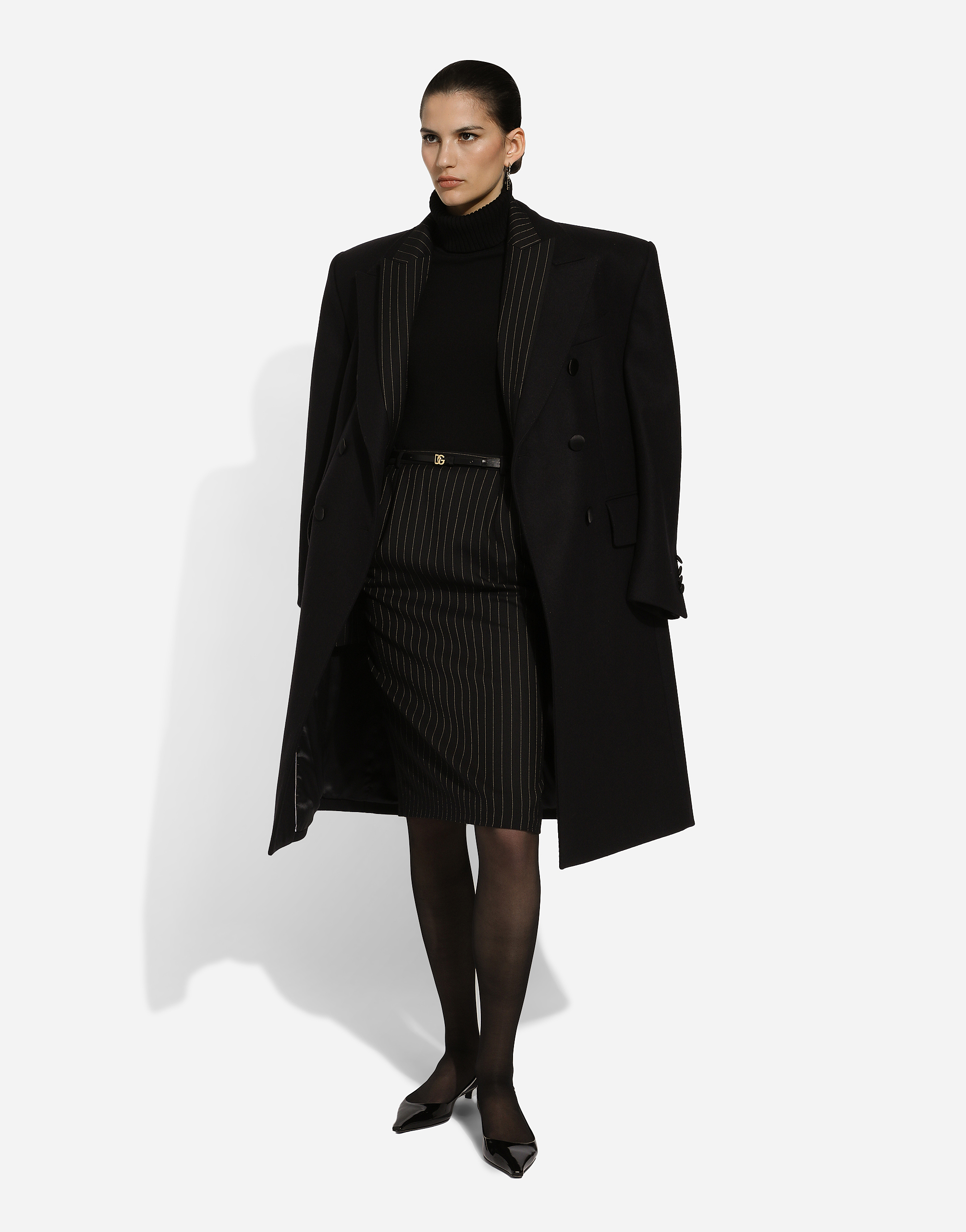 Pinstripe wool calf-length skirt