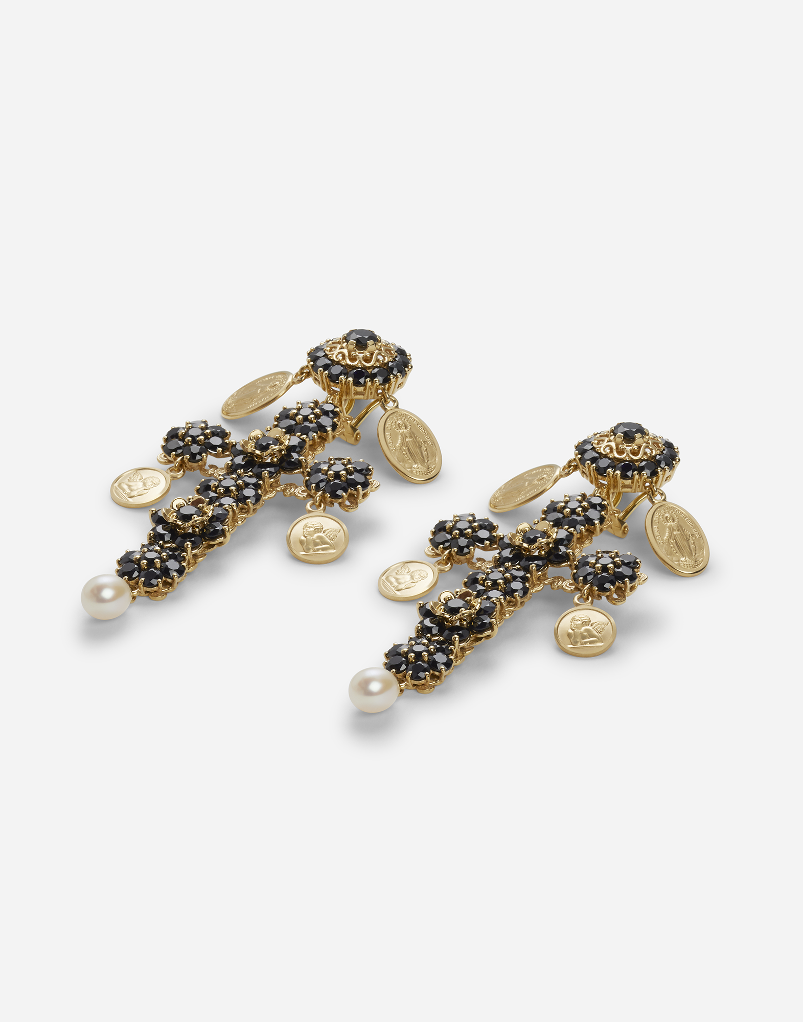 Shop Dolce & Gabbana Cross Earrings With Sapphires And Medallions In Gold/black
