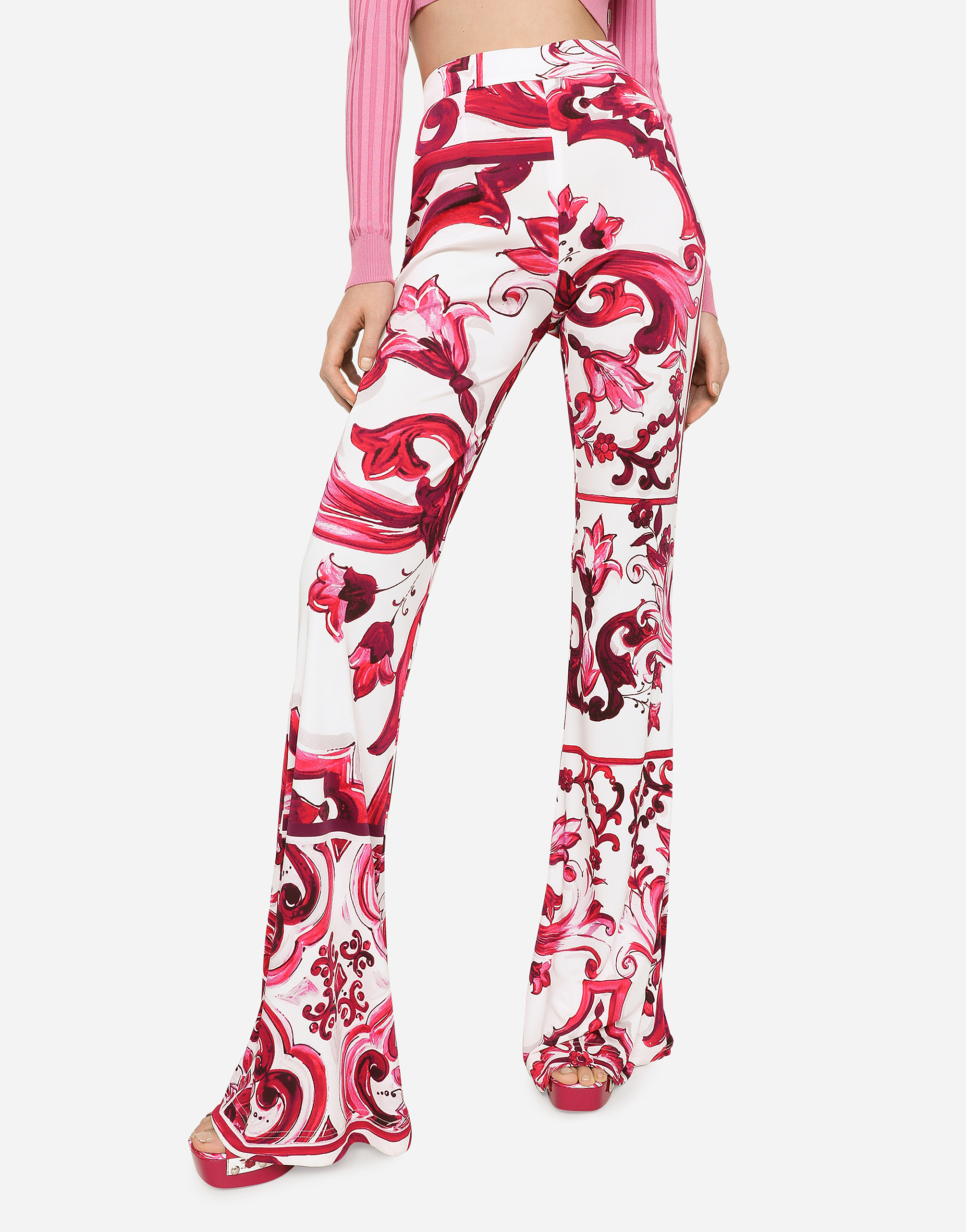 DOLCE & GABBANA FLARED MAJOLICA-PRINT ORGANZINE PANTS
