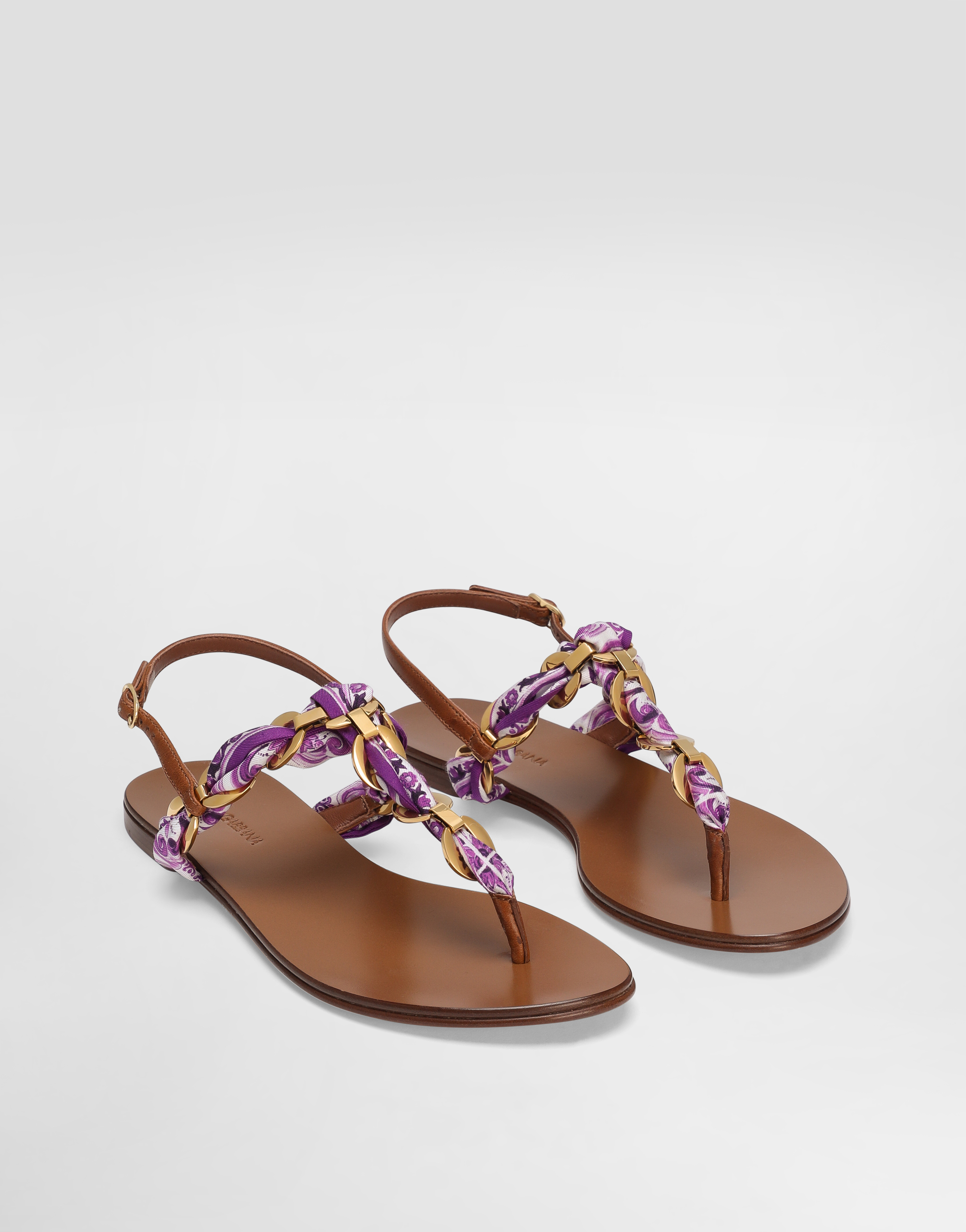 Dolce & Gabbana Majolica Leather-trimmed Satin Thong Sandals In Purple