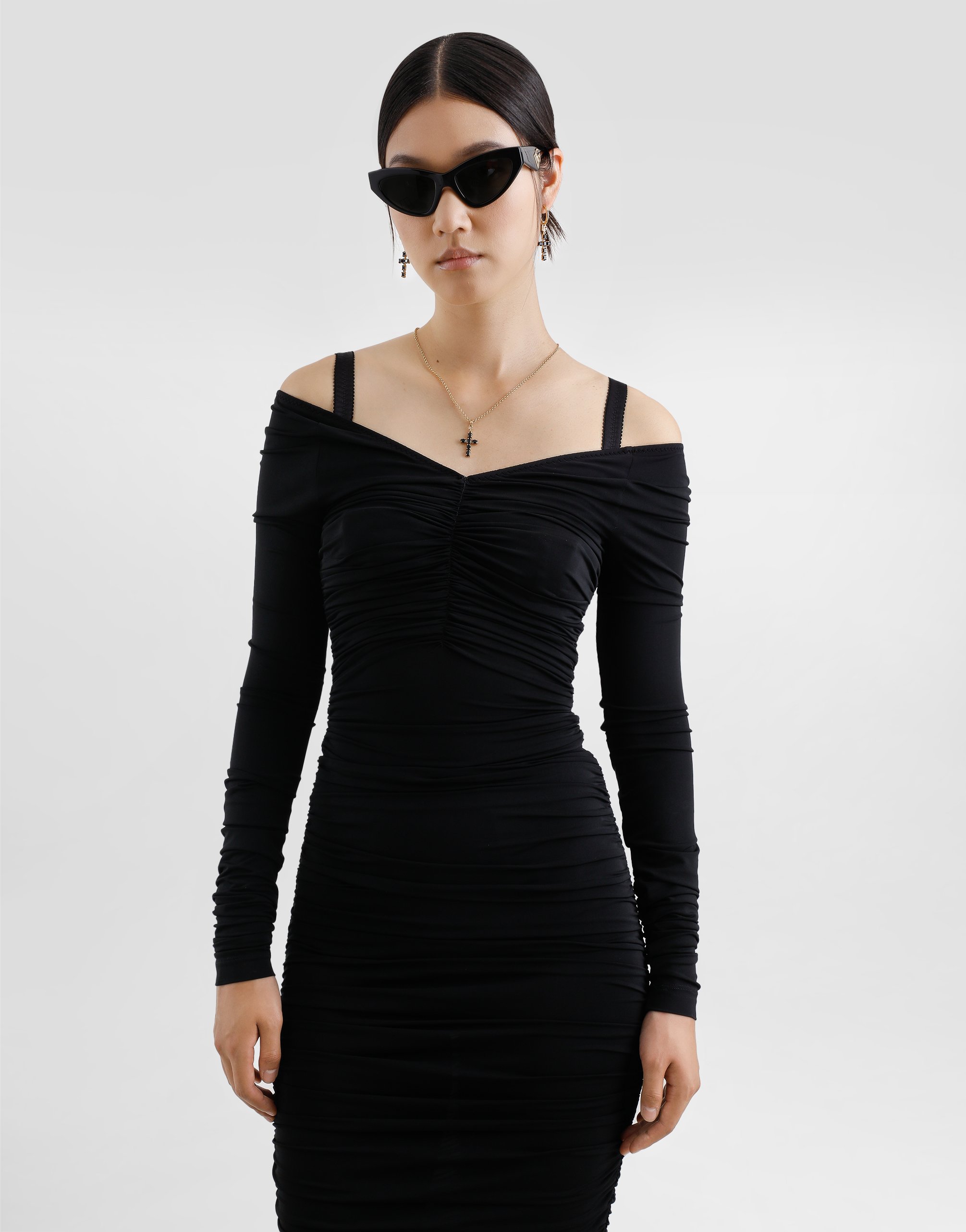Dolce & Gabbana Organzine Draped Calf-length Dress In Black