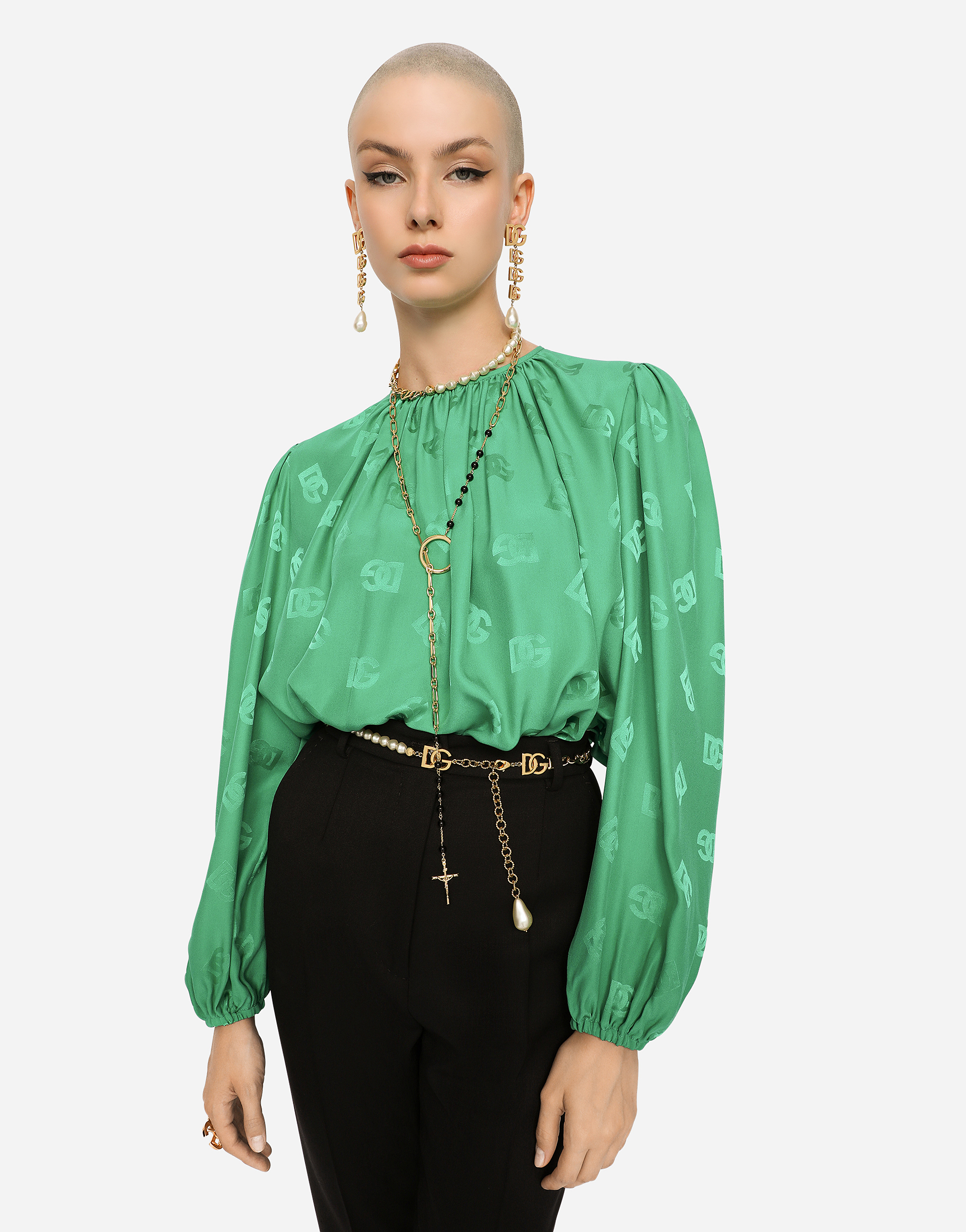 DOLCE & GABBANA SILK BLOUSE WITH ALL-OVER DG LOGO