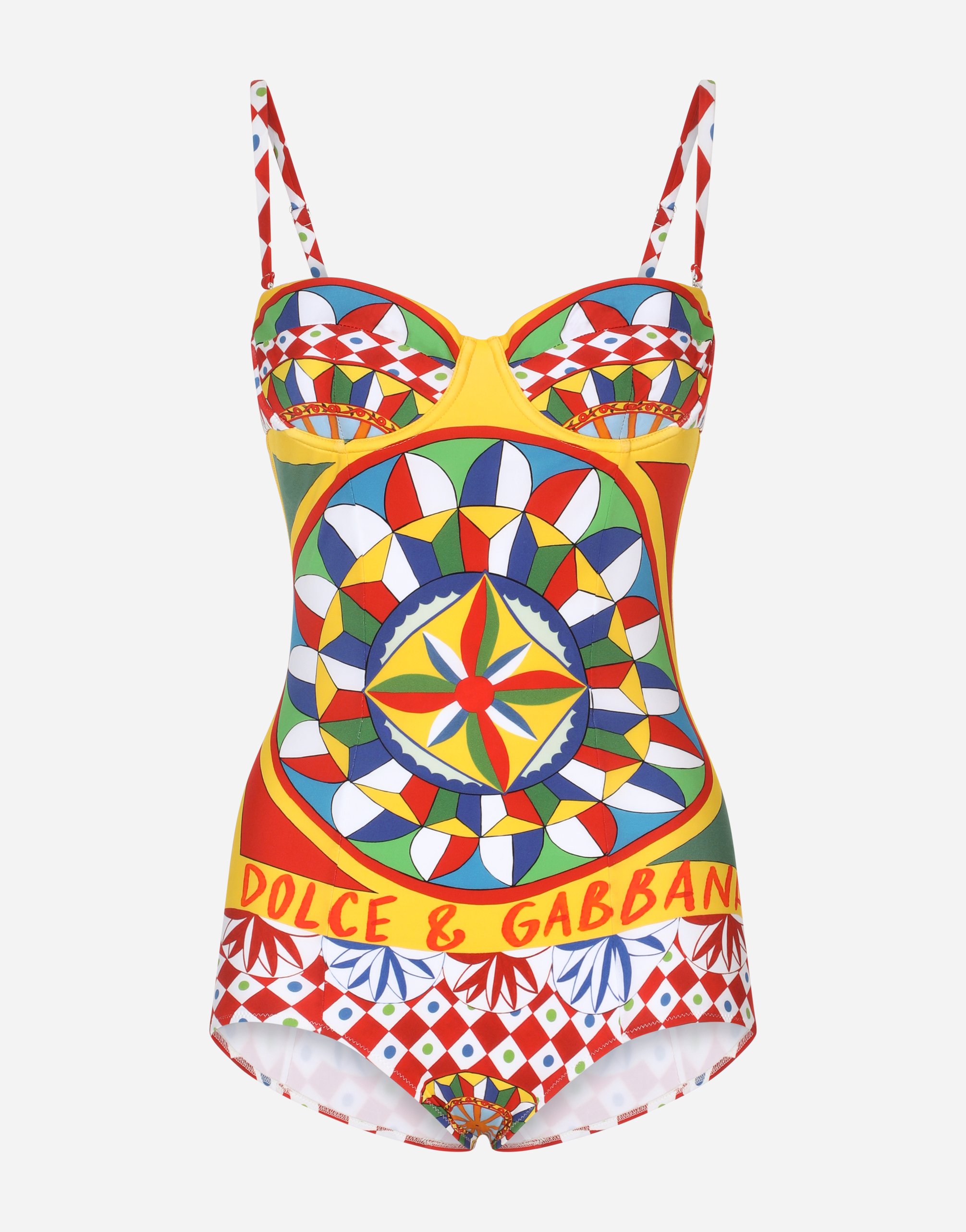 Dolce & Gabbana Carretto-print Balconette One-piece Swimsuit In Red