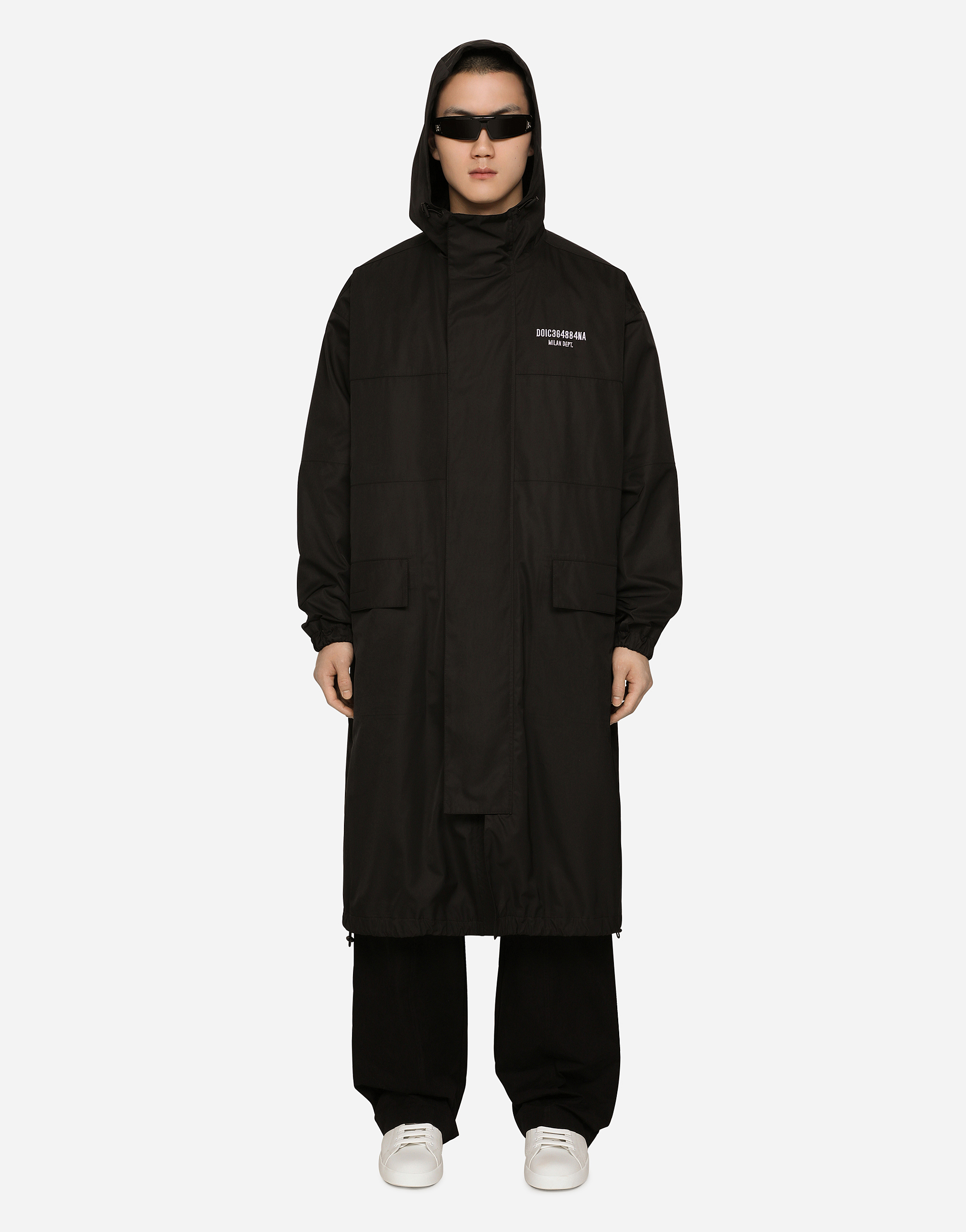 Dolce & Gabbana Long Nylon Jacket With Hood And Dg Vib3 Patch In Black