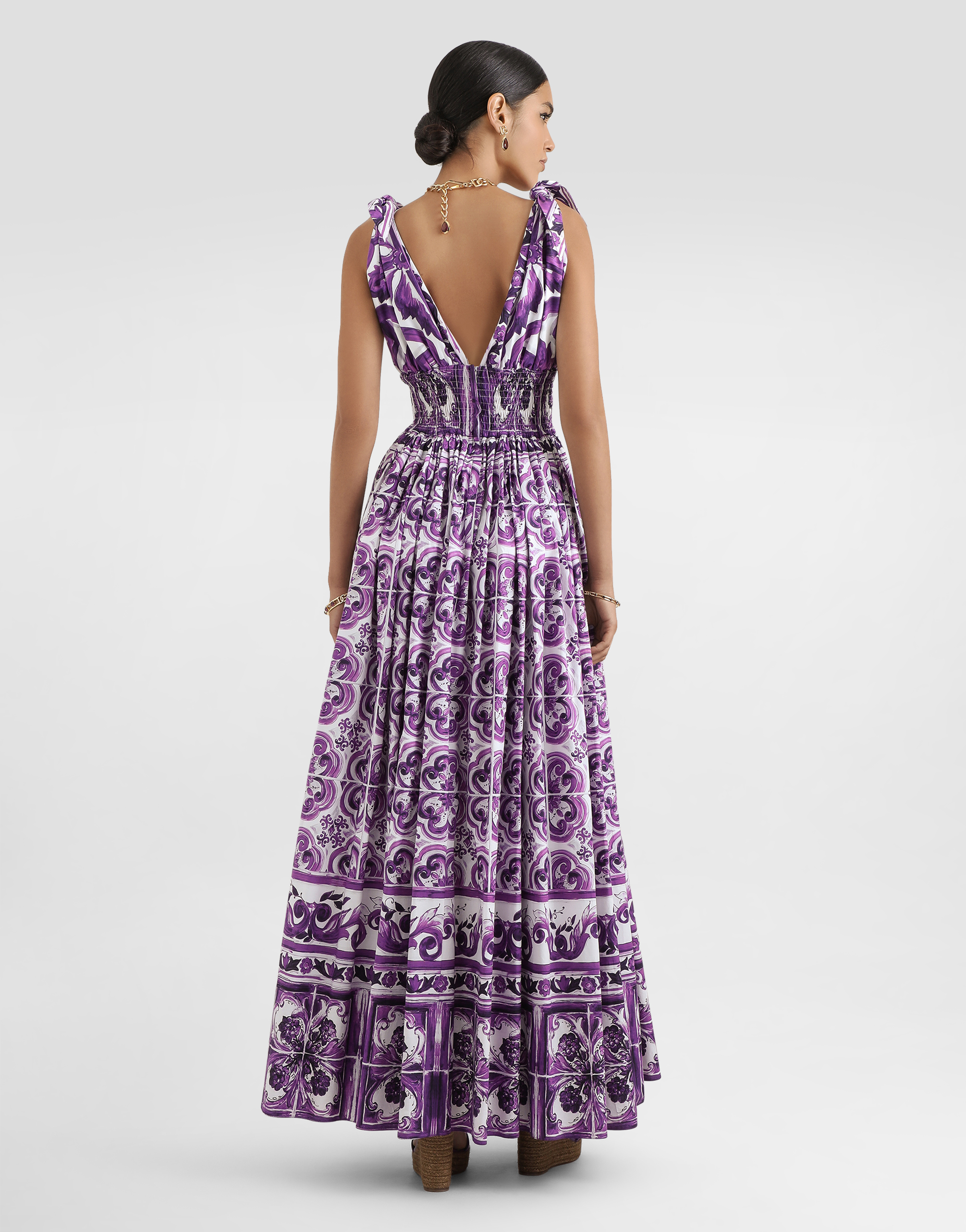 Dolce & Gabbana Smocked V-neck Maxi Dress With Tie Straps In Brown
