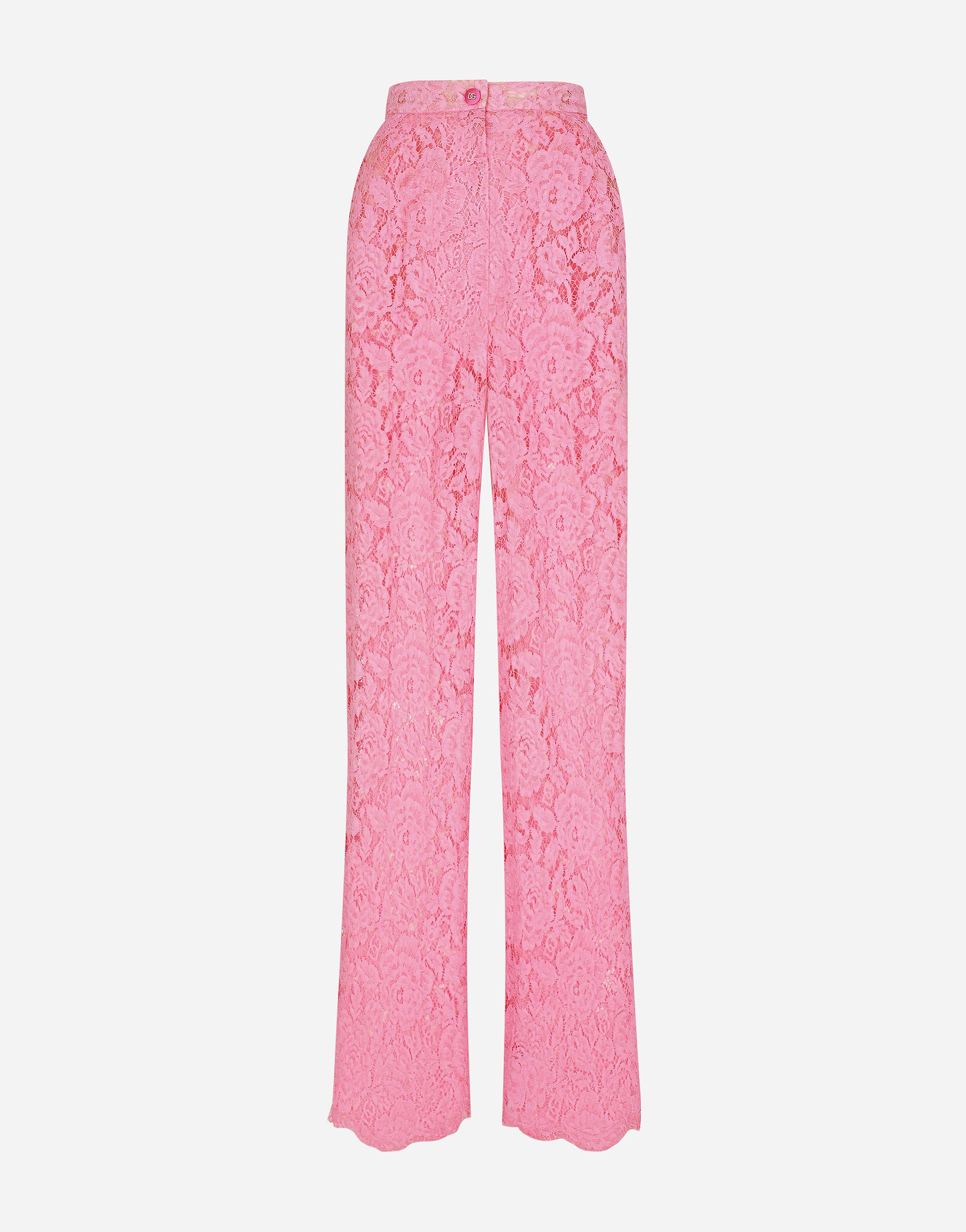 Shop Dolce & Gabbana Flared Branded Stretch Lace Pants In Pink