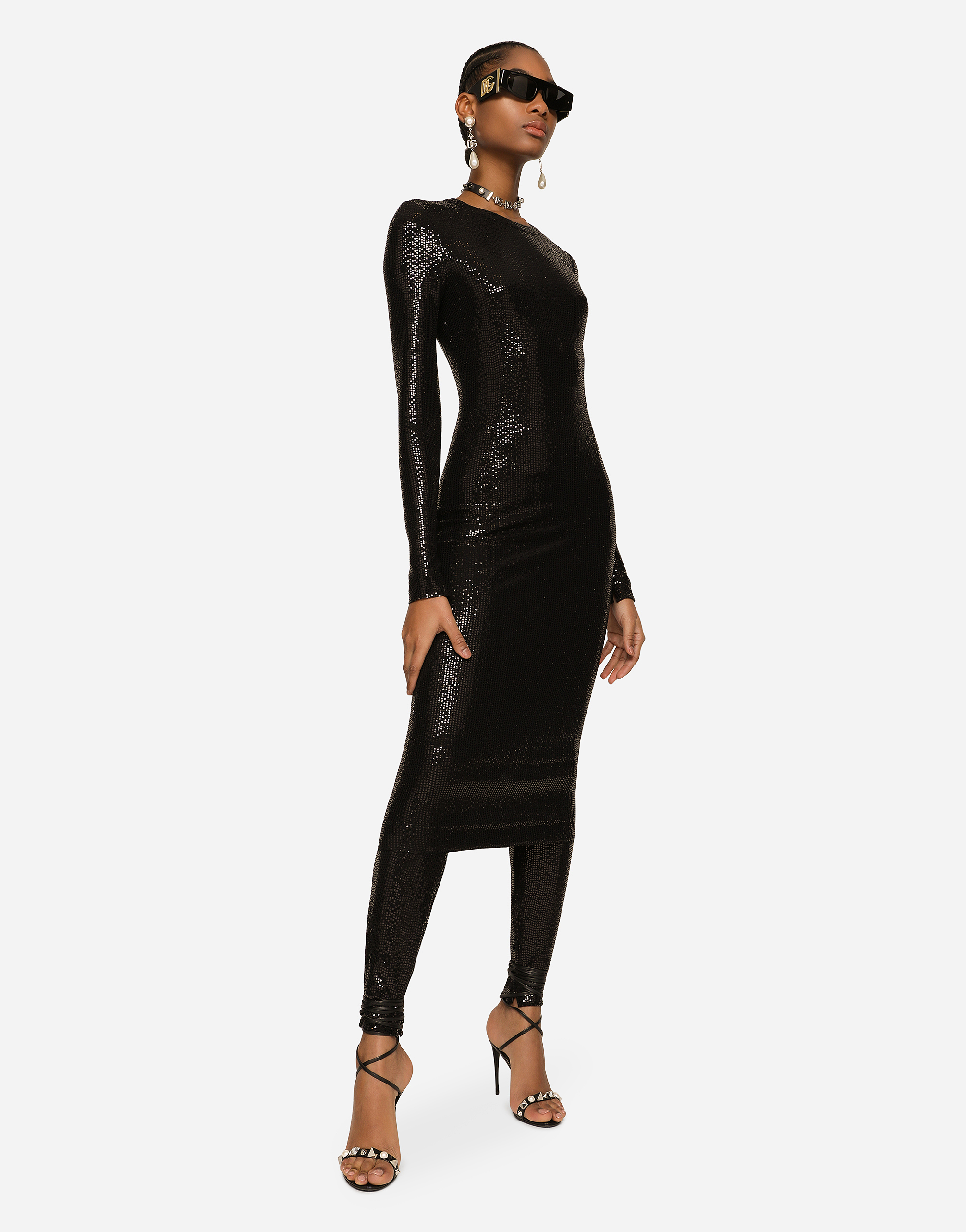 Dolce & Gabbana Sequin Embellished Jersey Midi Dress In Black