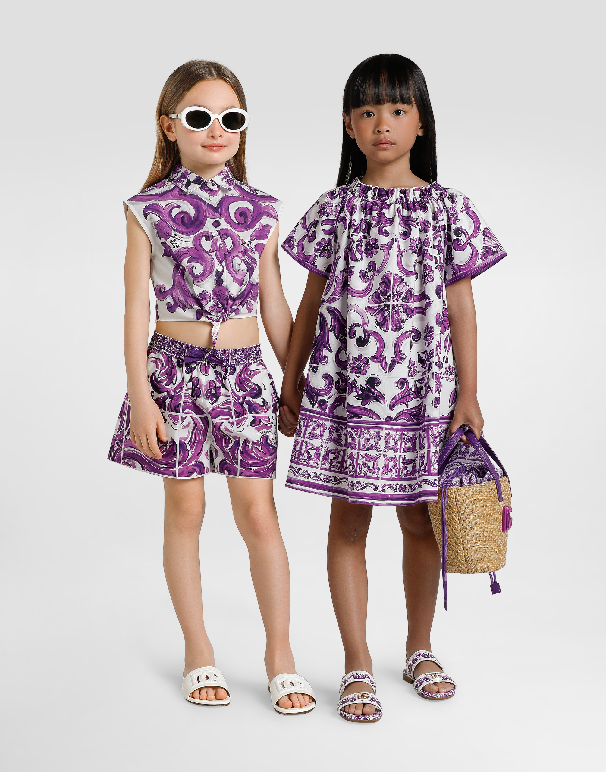 Majolica-print short-sleeved poplin dress
