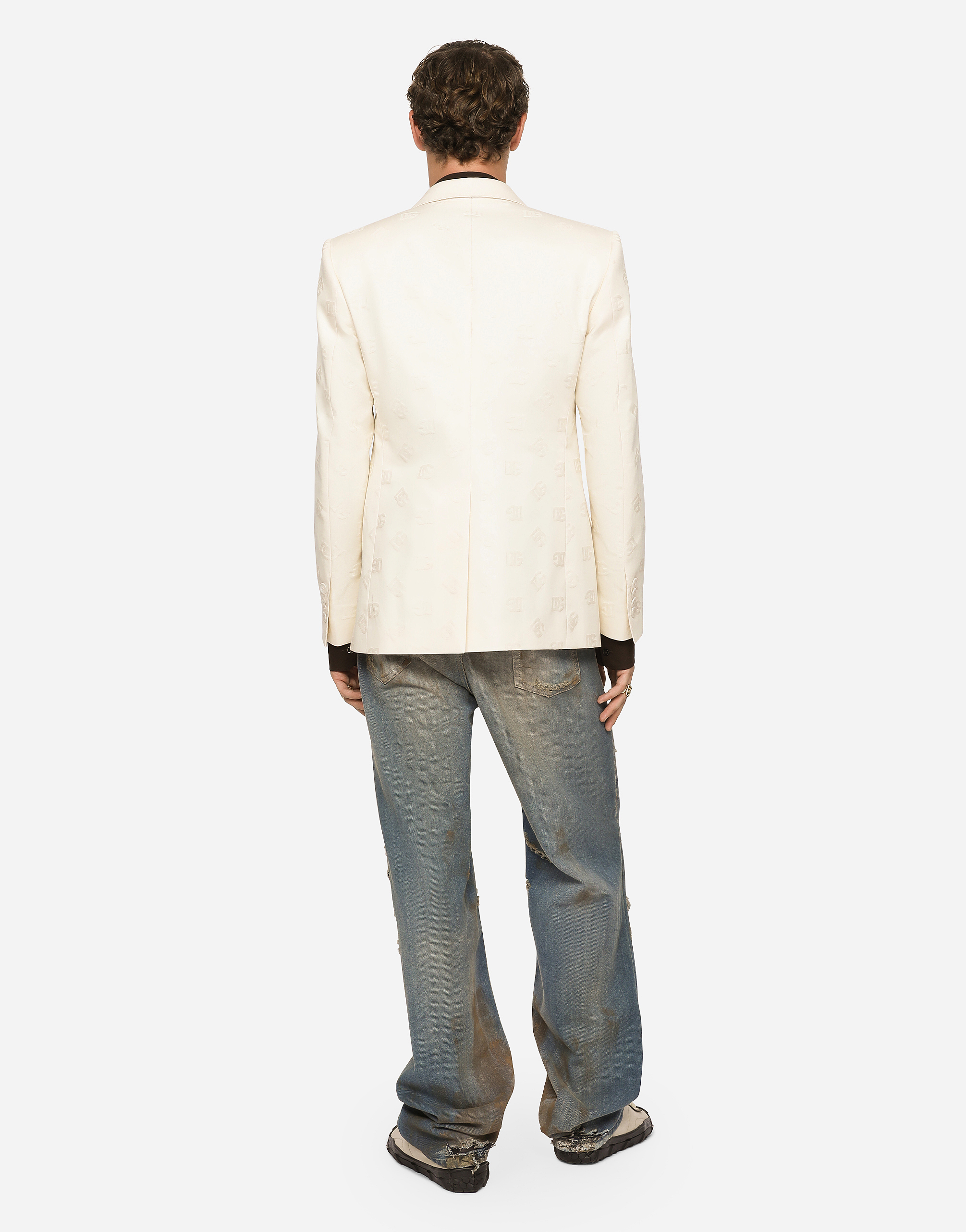 Shop Dolce & Gabbana Single-breasted Cotton Sicilia-fit Jacket With Jacquard Dg Details In White