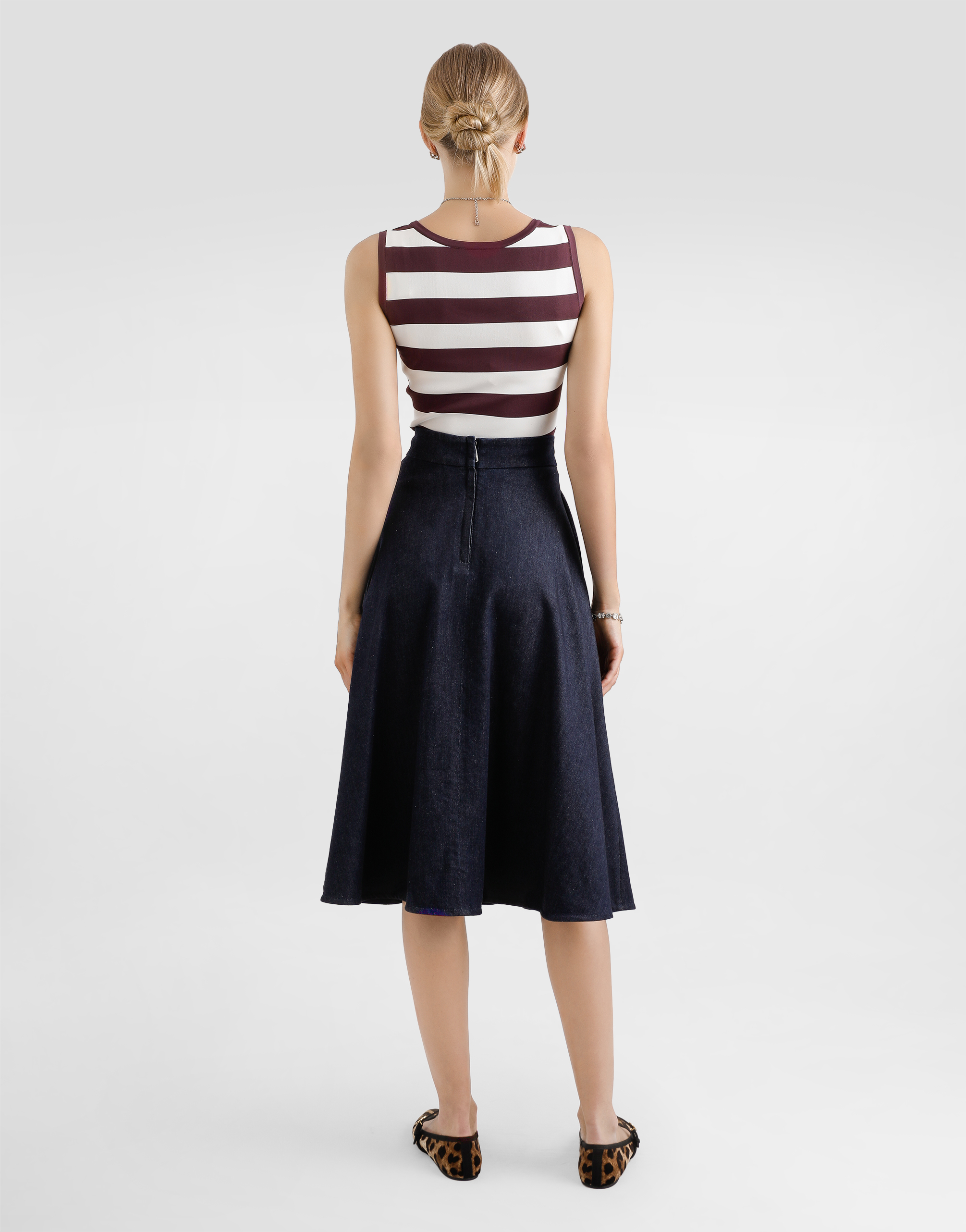Dolce & Gabbana Denim Calf-length Circle Skirt With Dg Logo Pin In Multicolor