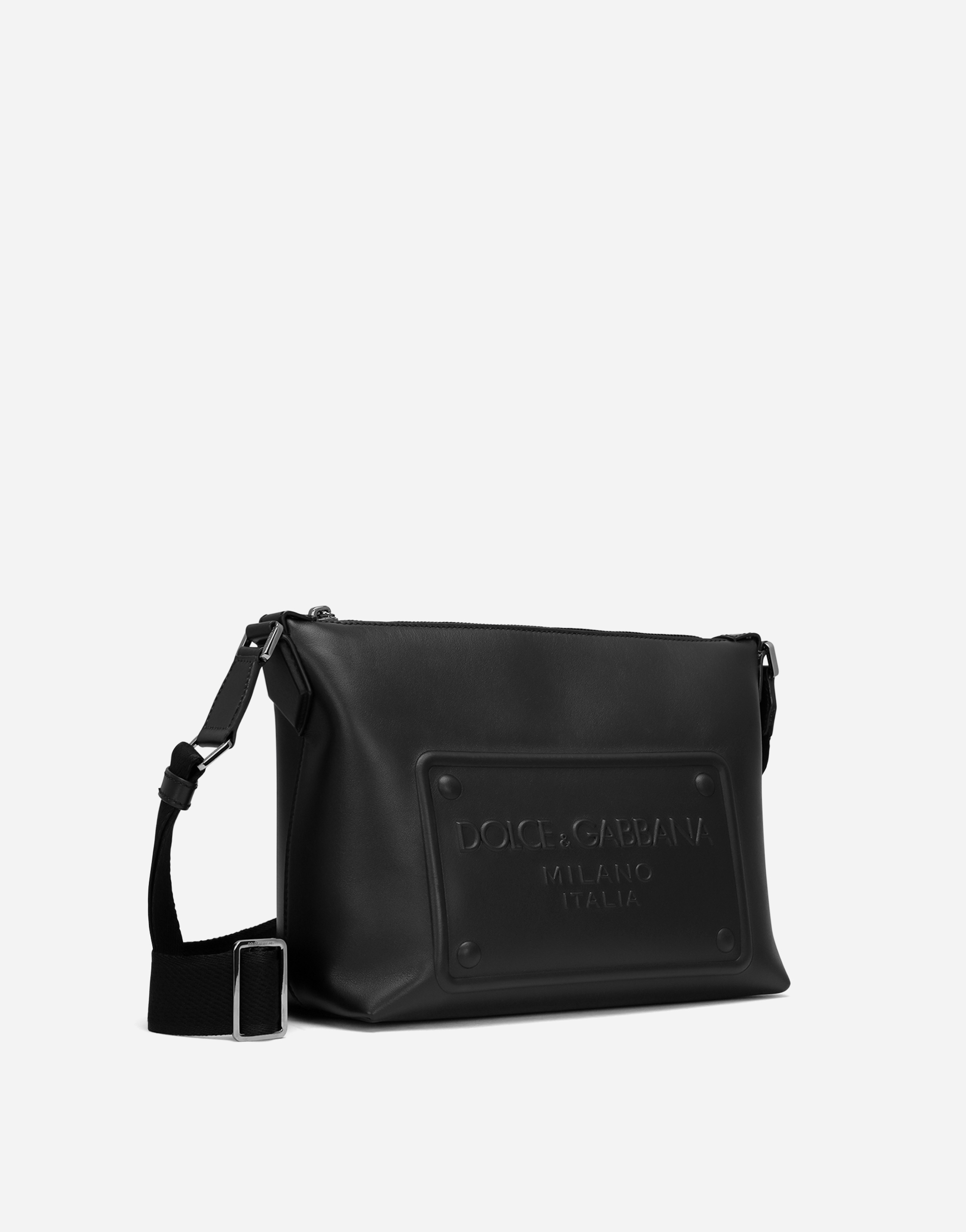 Shop Dolce & Gabbana Calfskin Crossbody Bag With Raised Logo In Black