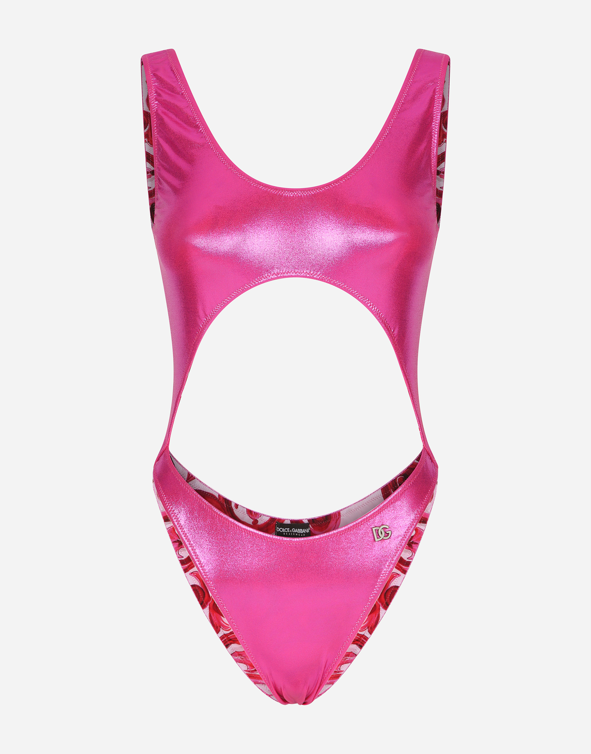 Shop Dolce & Gabbana Laminated Cutout One-piece Swimsuit In Pink