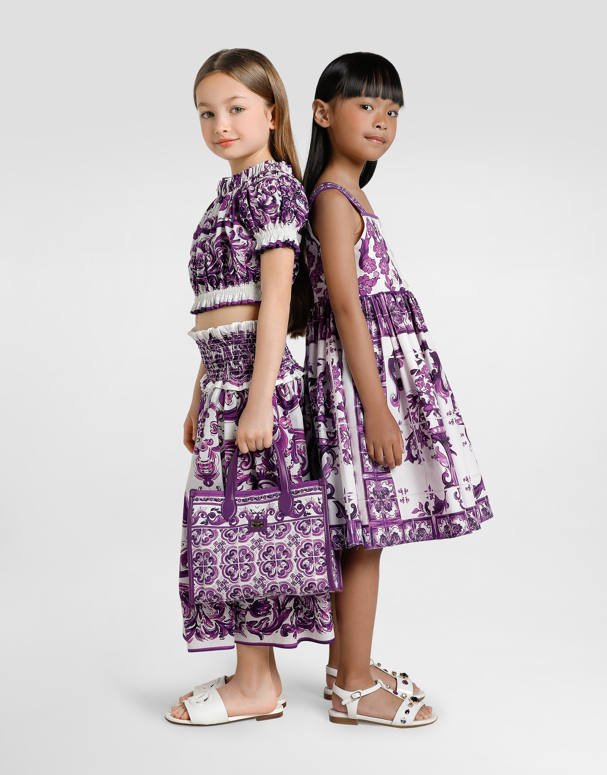 Majolica-print sleeveless popeline dress
