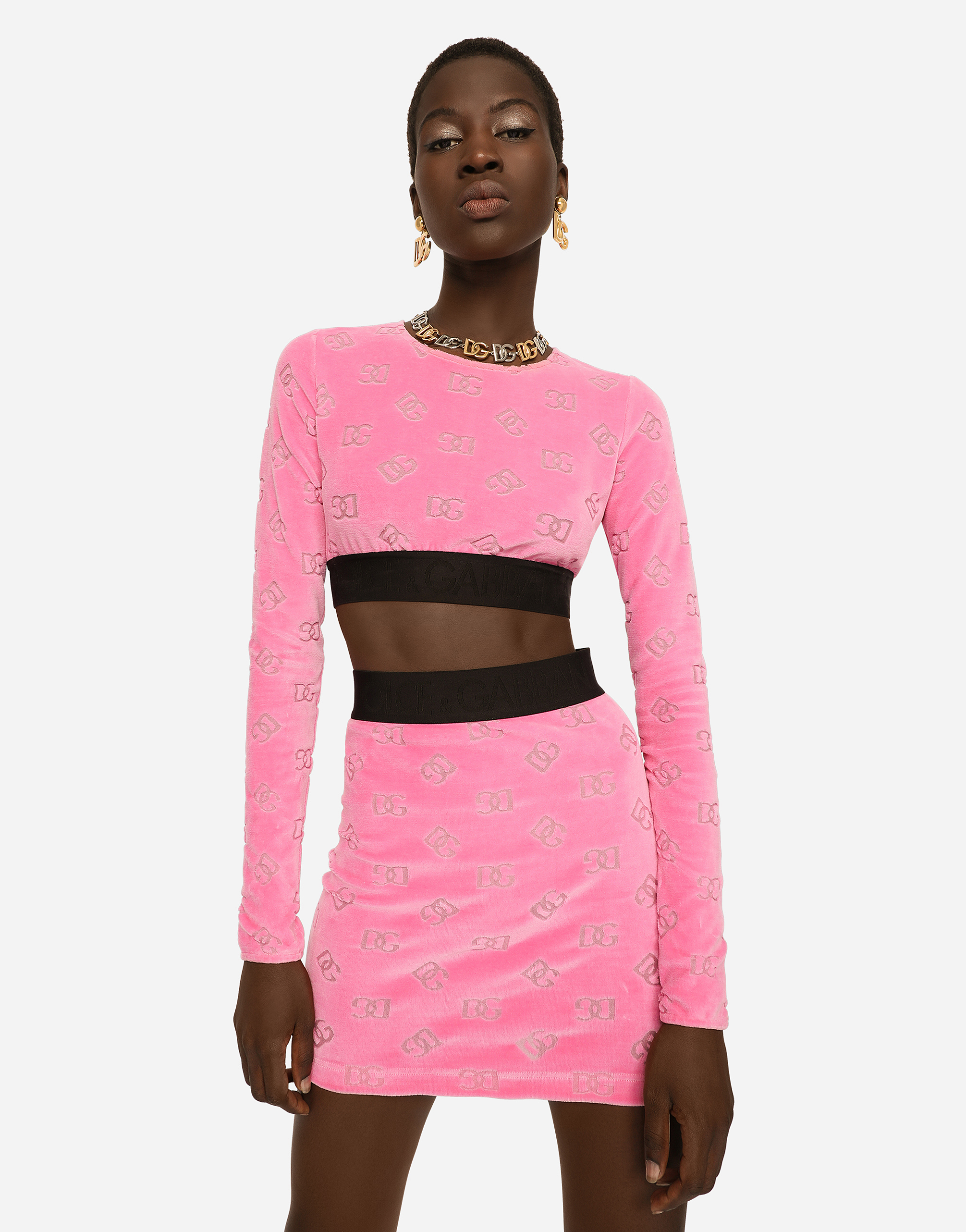 DOLCE & GABBANA FLOCKED JERSEY T-SHIRT WITH ALL-OVER DG LOGO