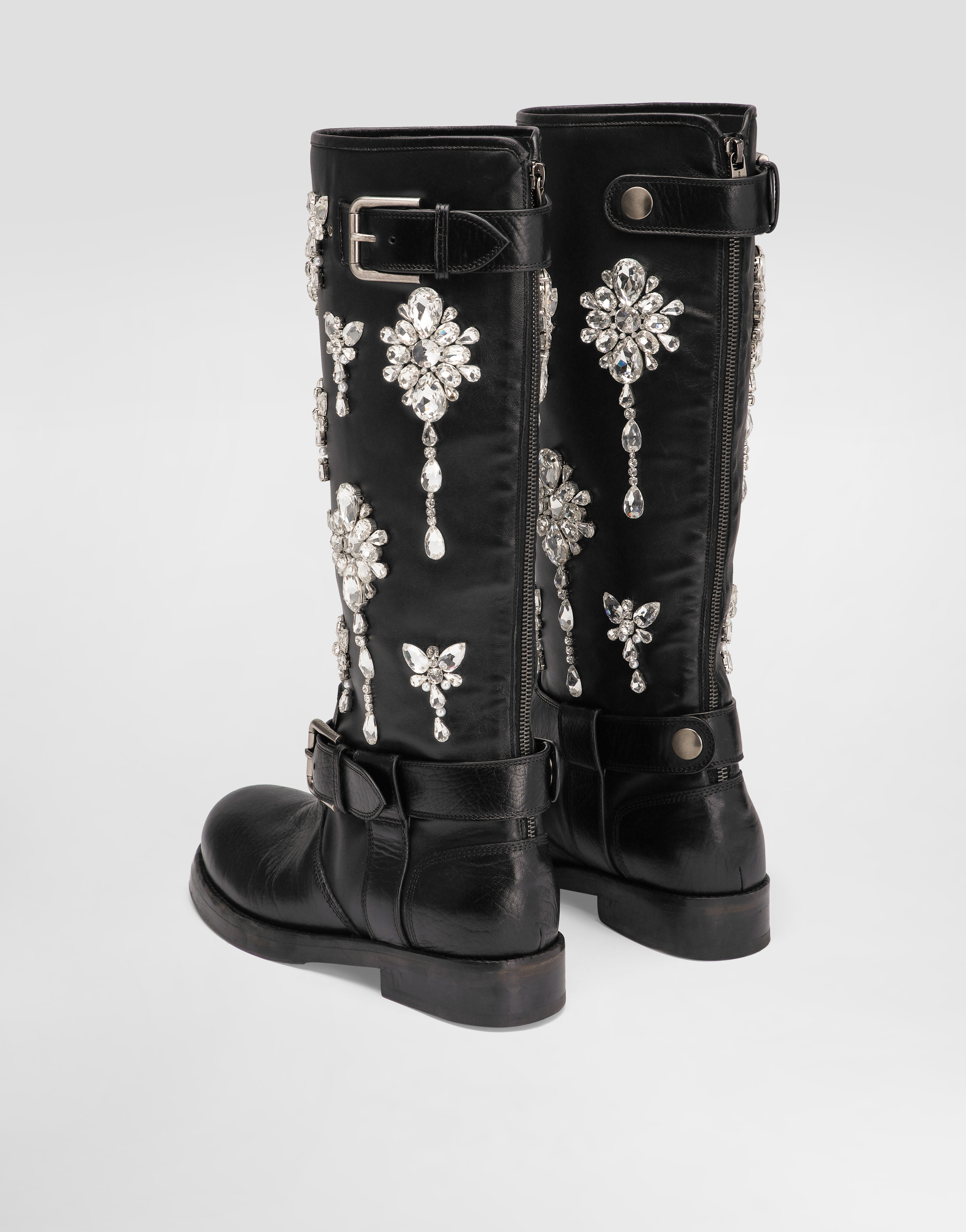 Dolce & Gabbana Horse Leather Boots With Crystal Embroidery In Black