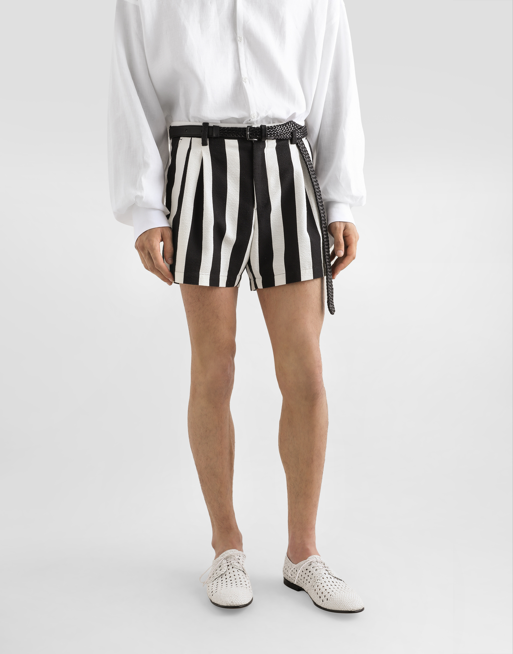 Dolce & Gabbana Striped Pleated Shorts Belt Loops In Black