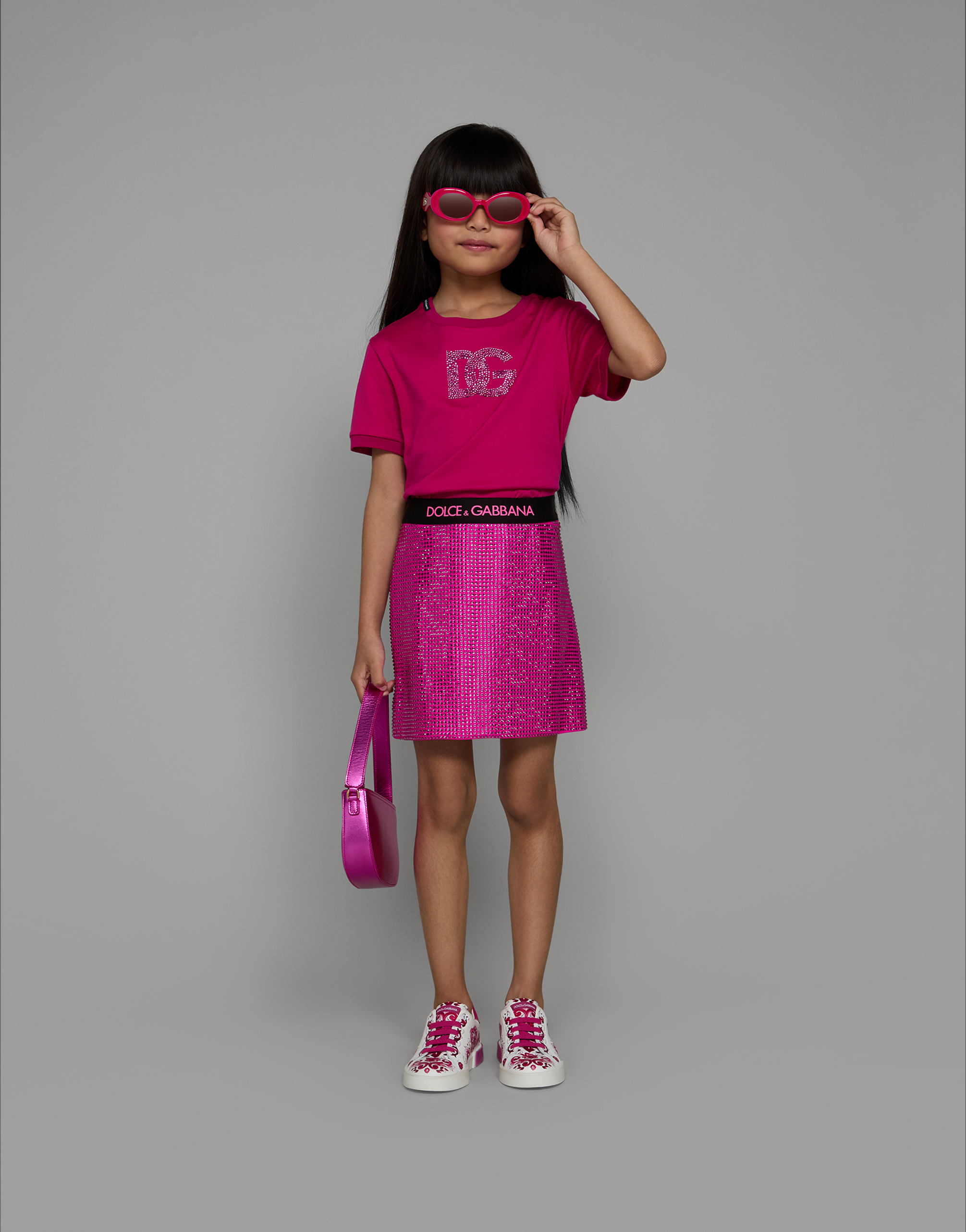 Shop Dolce & Gabbana Jersey T-shirt With Rhinestone Logo In Fuchsia