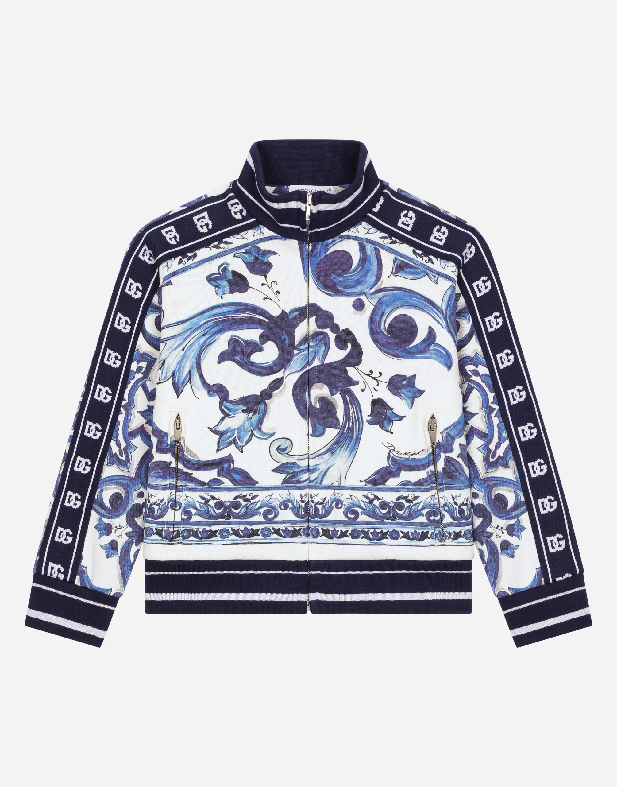 Dolce & Gabbana Kids' Zip-up Jersey Sweatshirt With Majolica Print In Multicolor