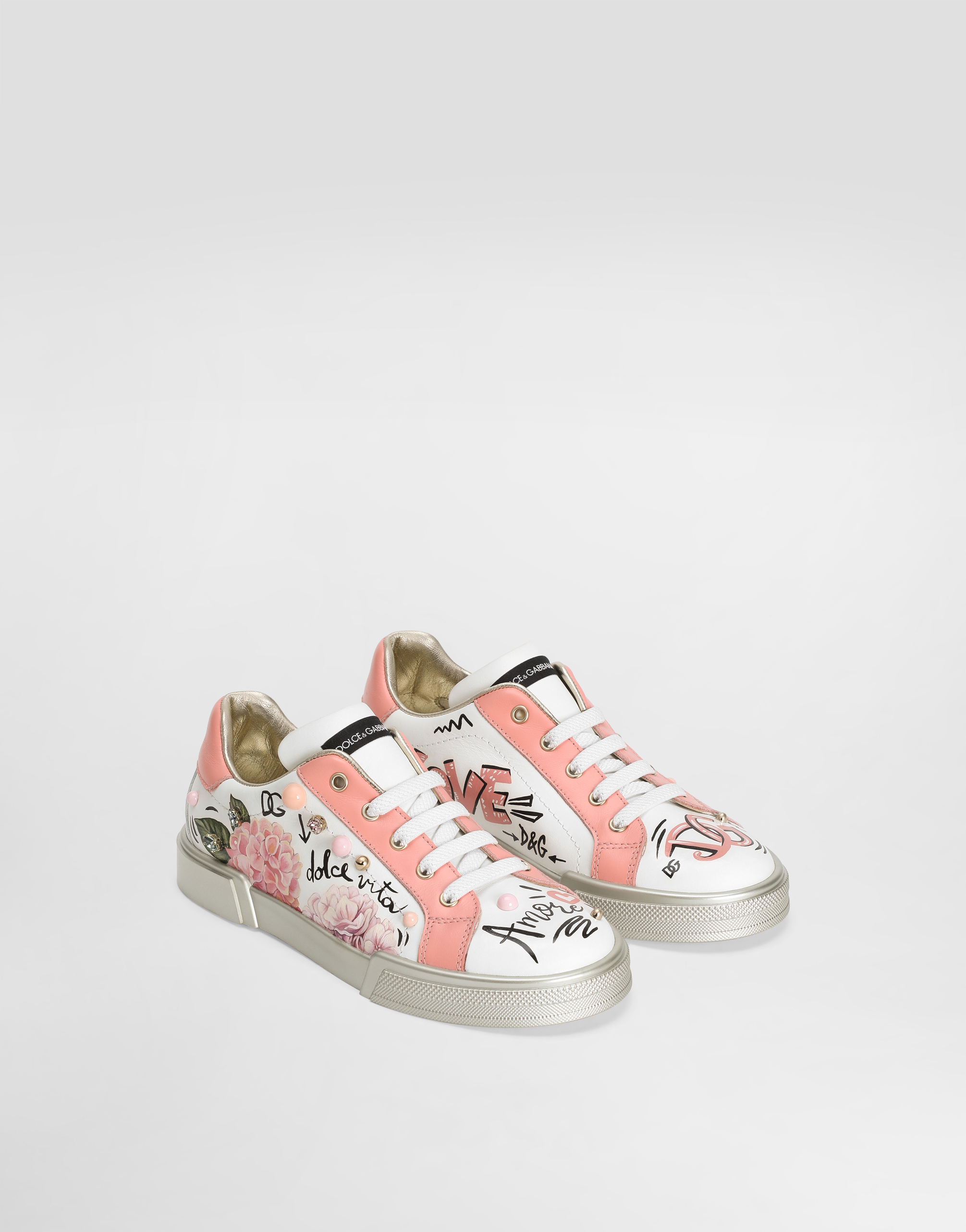  Dolce & Gabbana Portofino Light Calfskin Sneakers With Embroidery - Femme Chaussures (27-40) Blanc 30 