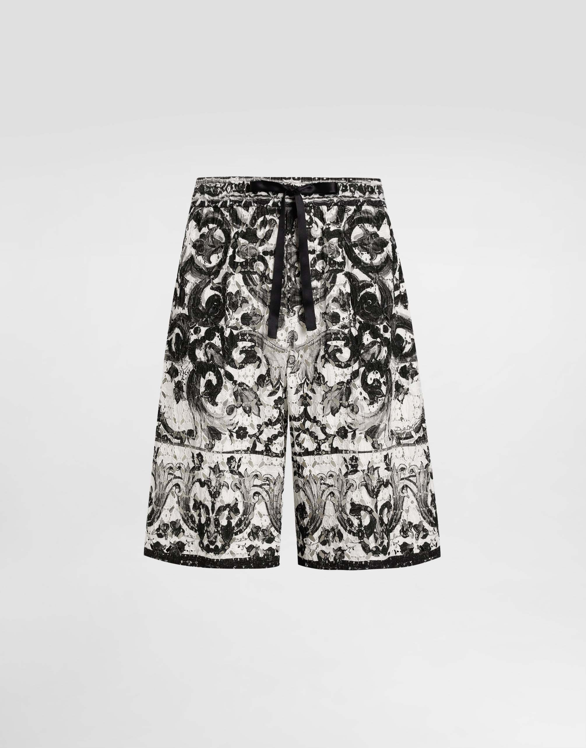 Majolica-print crochet lace trousers