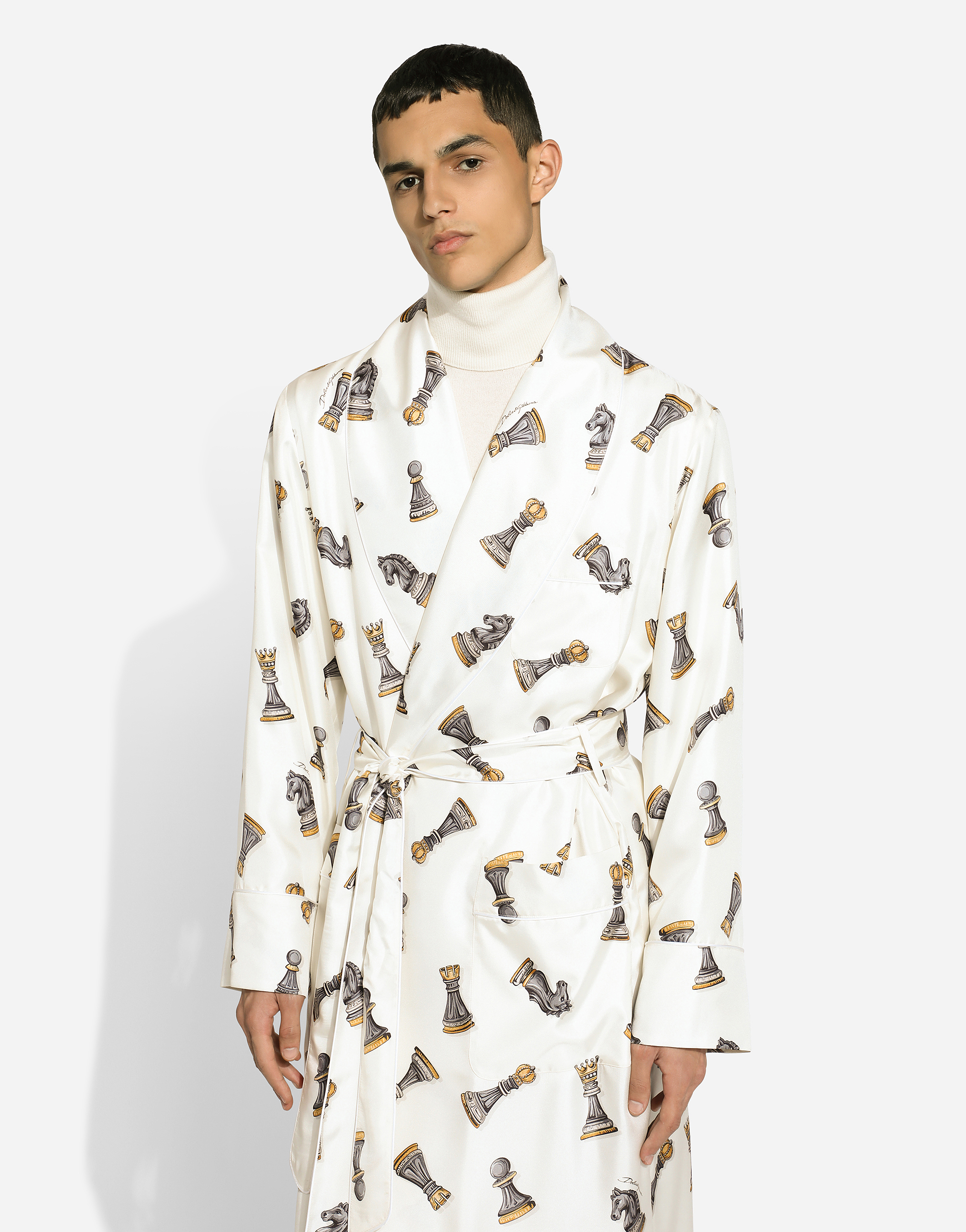 Dolce & Gabbana Silk Twill Robe With Chess-piece Print In Print
