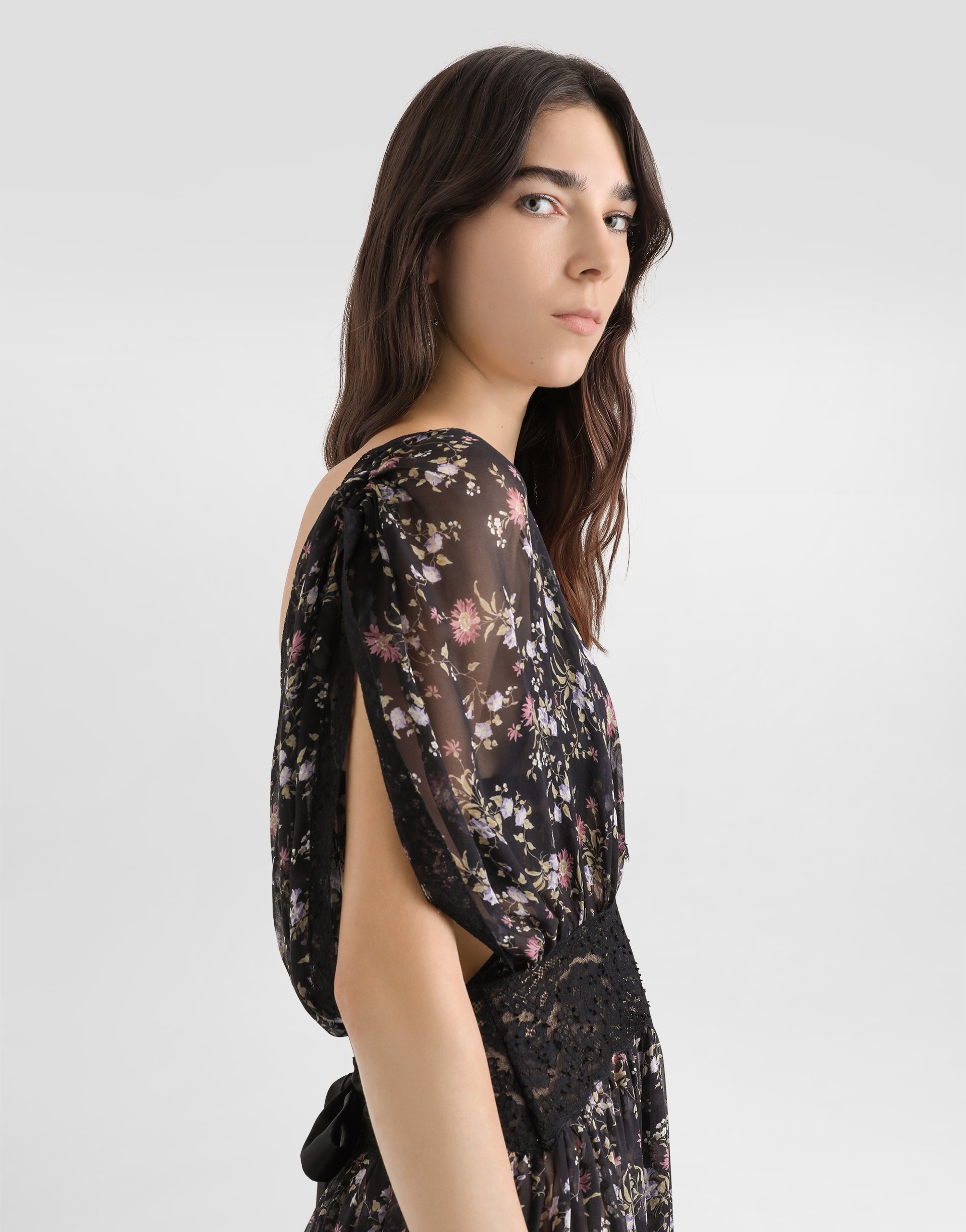Dolce & Gabbana Small Floral-print Chiffon Dress In Black