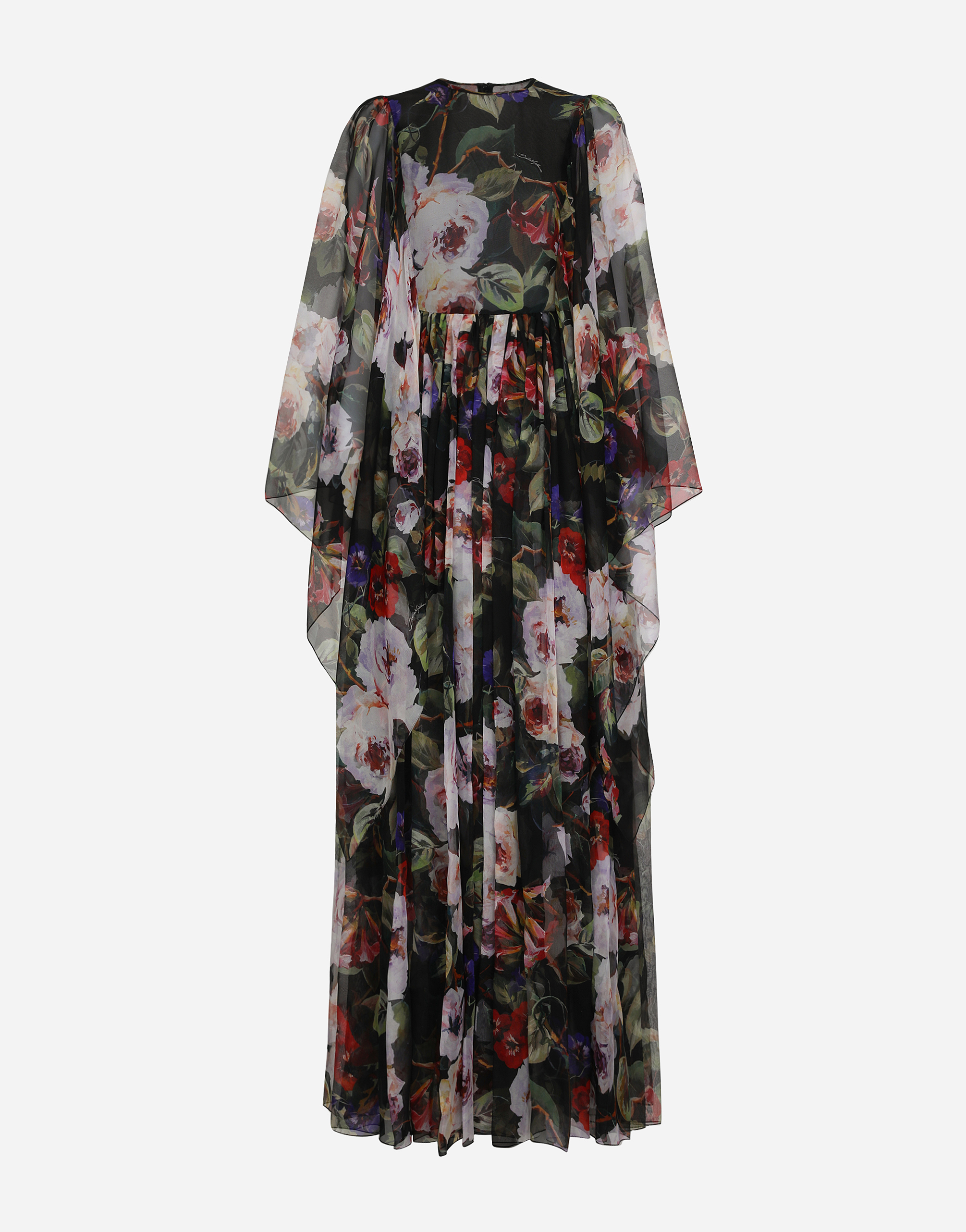 Dolce & Gabbana Long Chiffon Dress With Rose Garden Print In Multi
