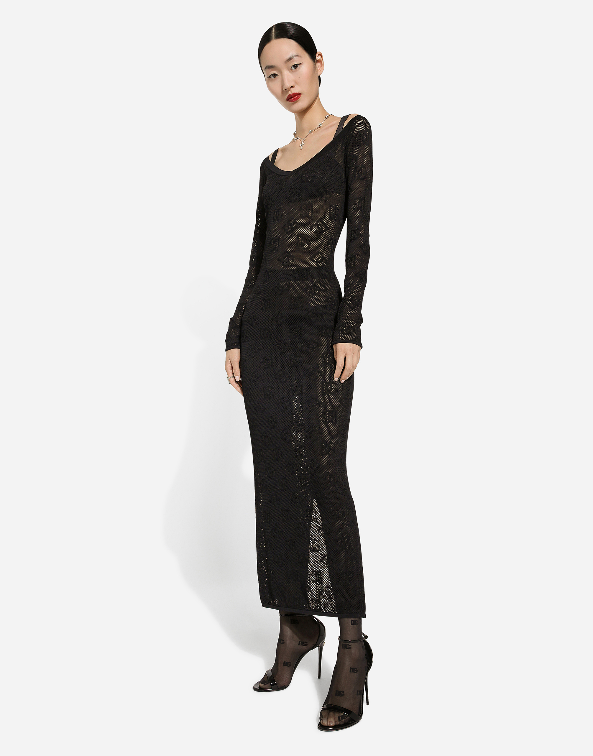 Shop Dolce & Gabbana Mesh-stitch Sheath Dress With Jacquard Dg Logo In Black