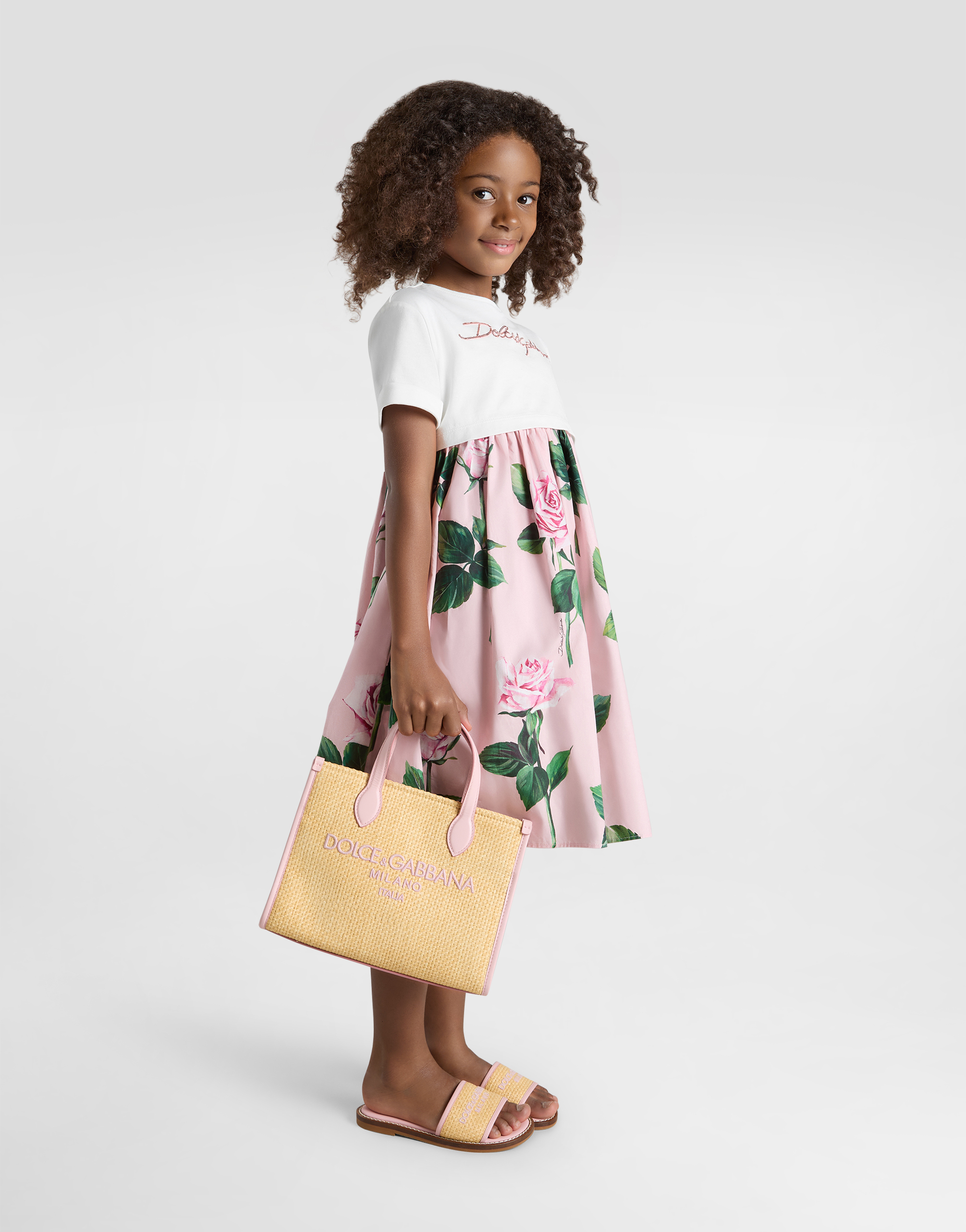 Rose-print poplin and jersey dress