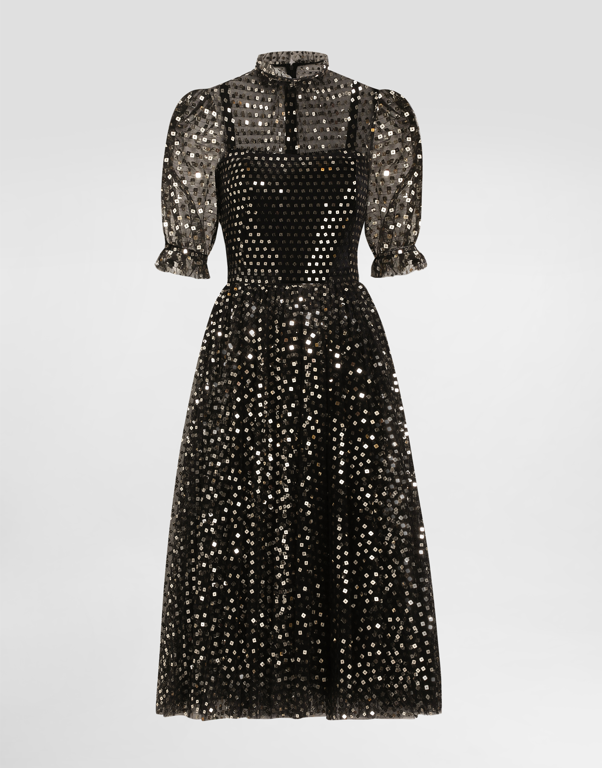 Dolce & Gabbana Calf-length Tulle Babydoll Dress With Sequin Embellishment In Gold