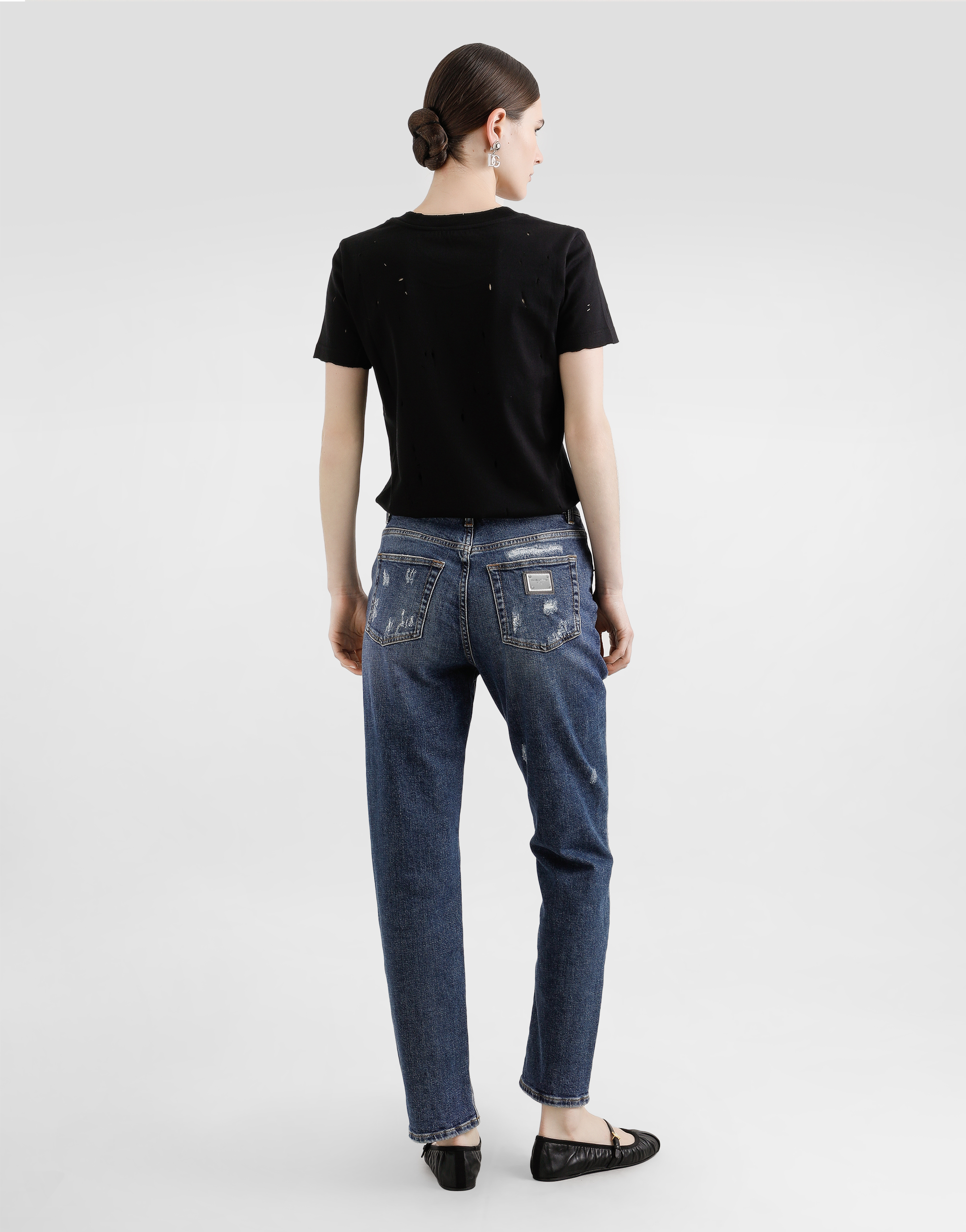  Dolce & Gabbana T-shirt Aus Jersey Mit Rissen Und -plakette - Frau T-shirts Und Sweatshirts Schwarz Baumwolle 42 