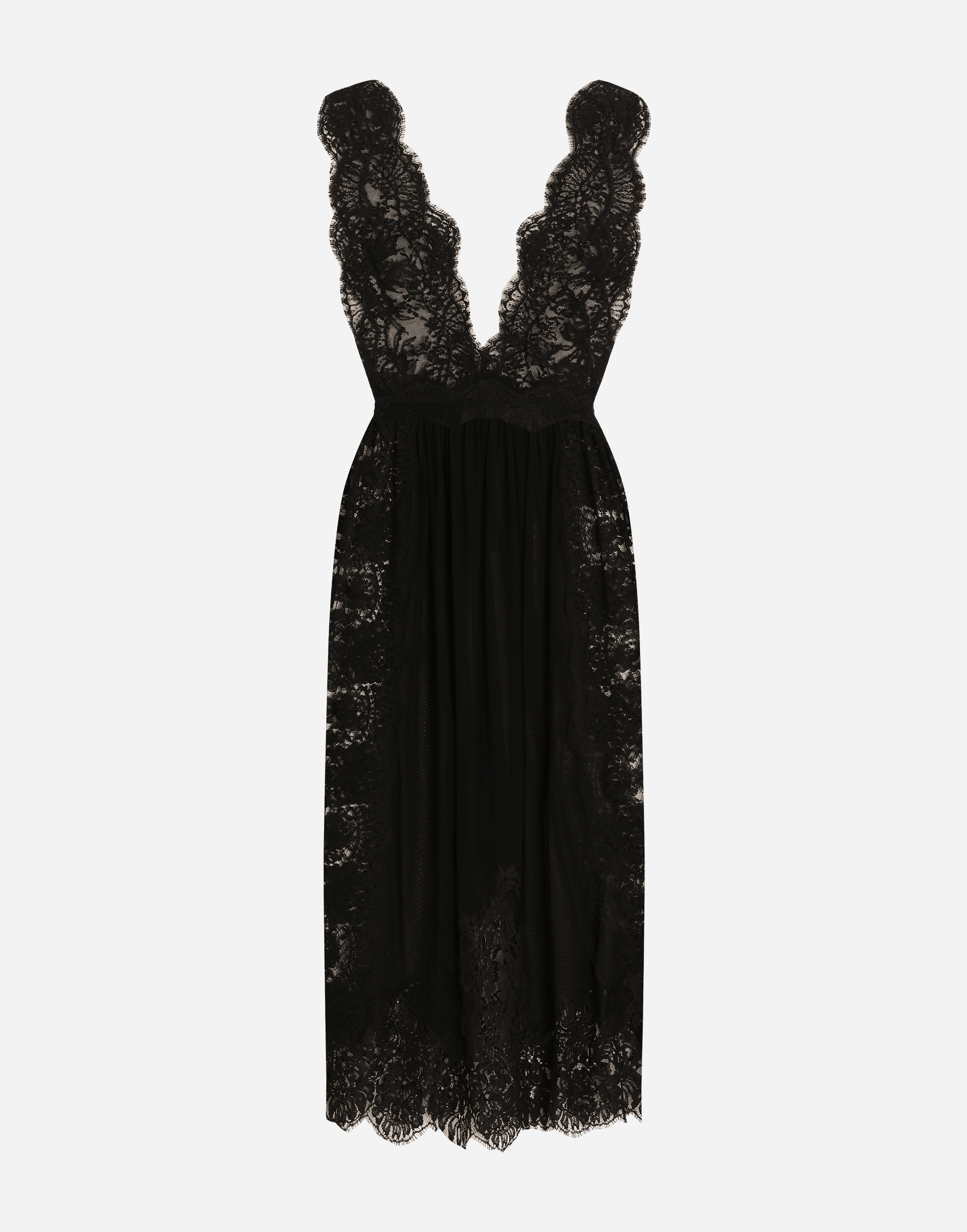Dolce & Gabbana Calf-length Chantilly Lace Dress With Organzine Details - Woman Dresses Black