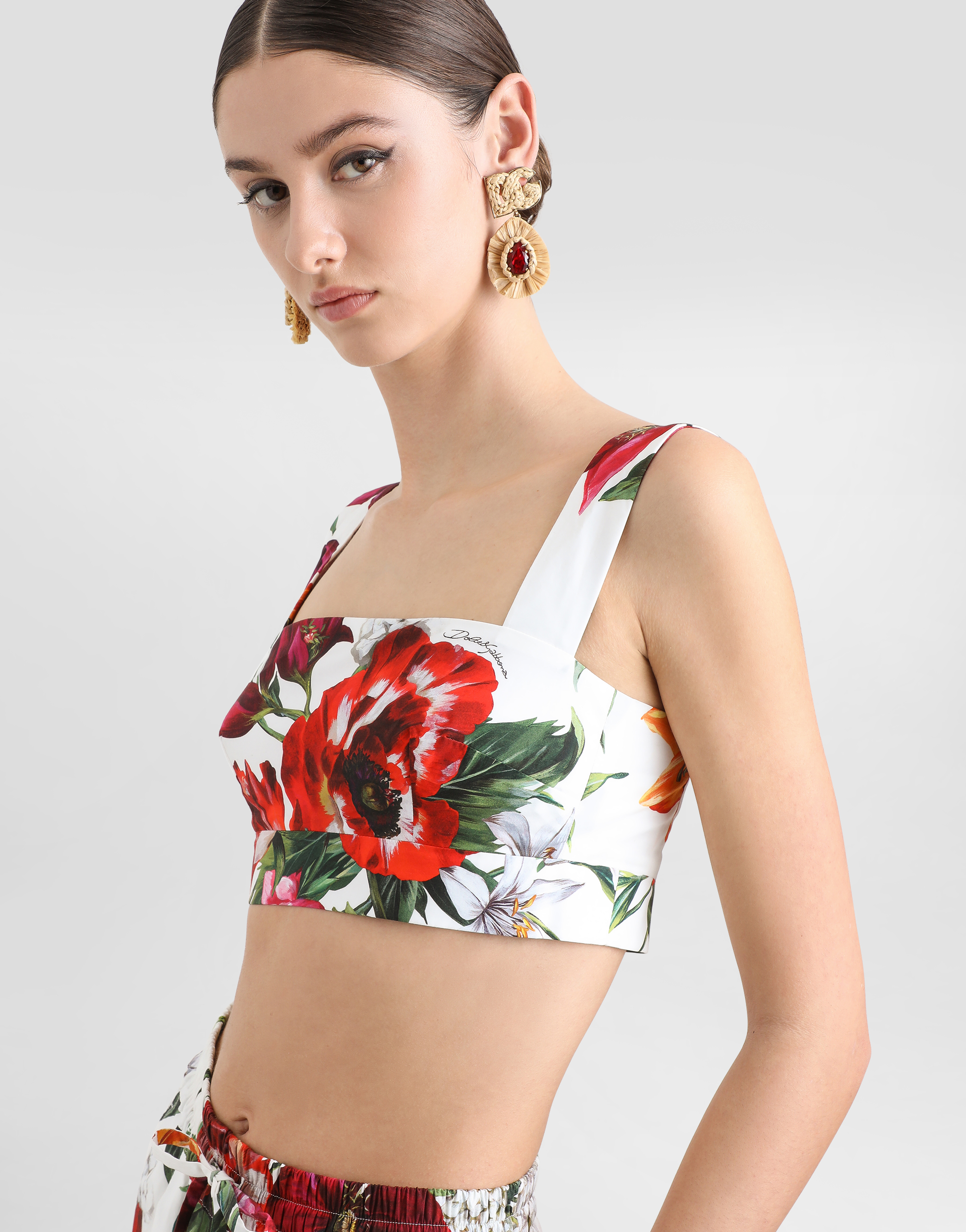 Dolce & Gabbana Multicolor Croped Top With Square Neck And All-over Floral Design In Cotton Woman In Multi