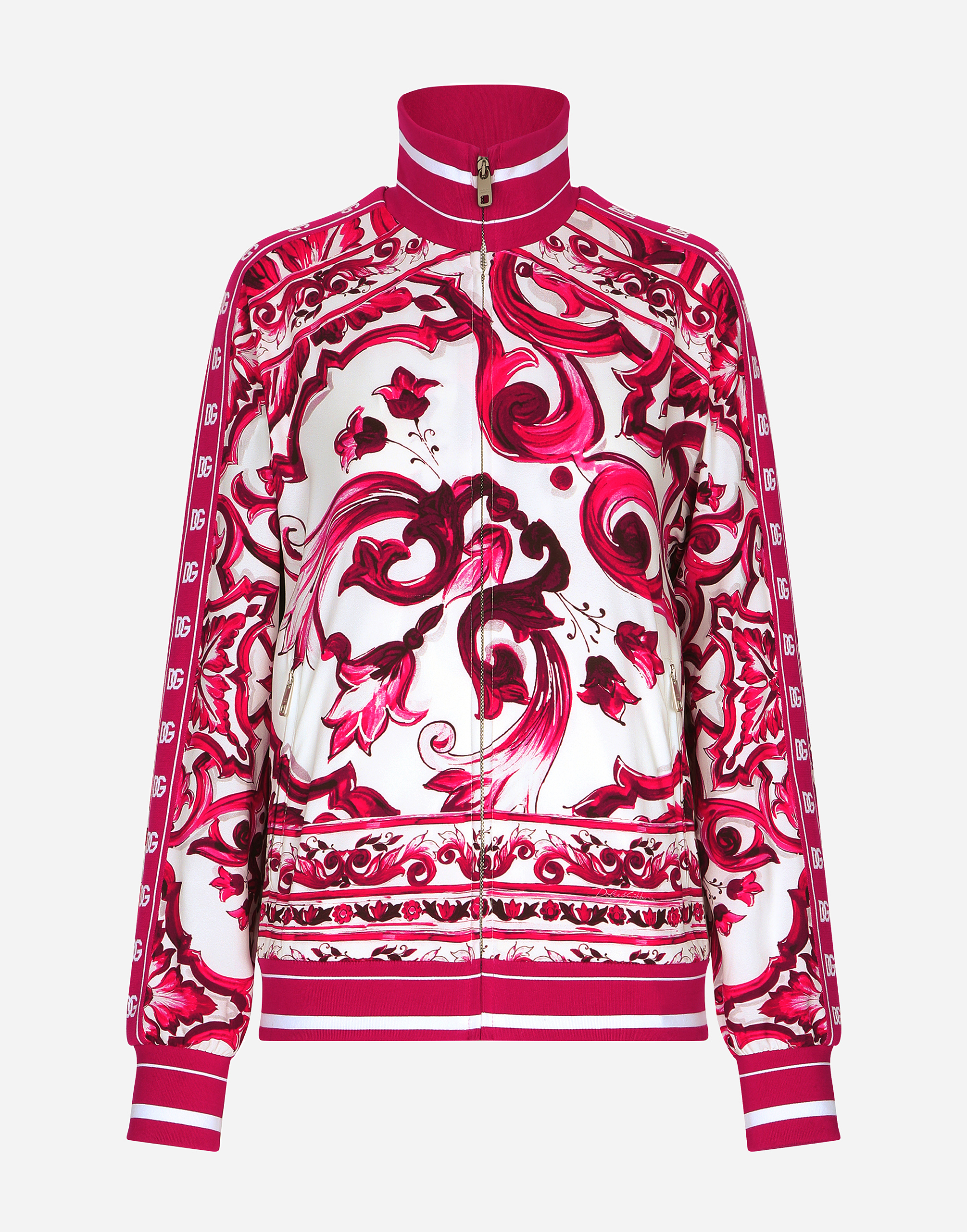 Dolce & Gabbana Maiolica Cady Painterly Zip-front Jacket In Maiolica_2_fuxia