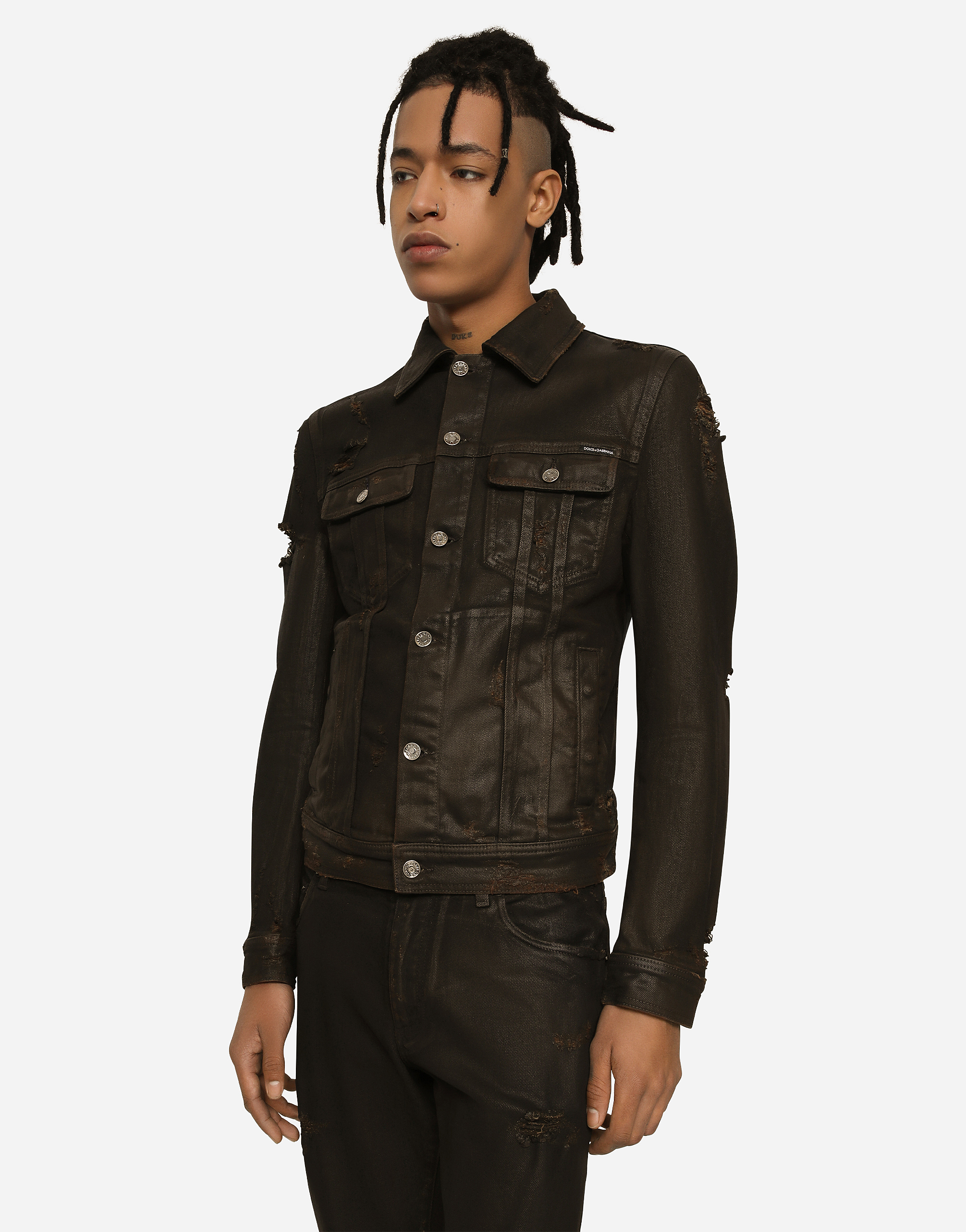 DOLCE & GABBANA WAXED STRETCH DENIM JACKET WITH RIPS