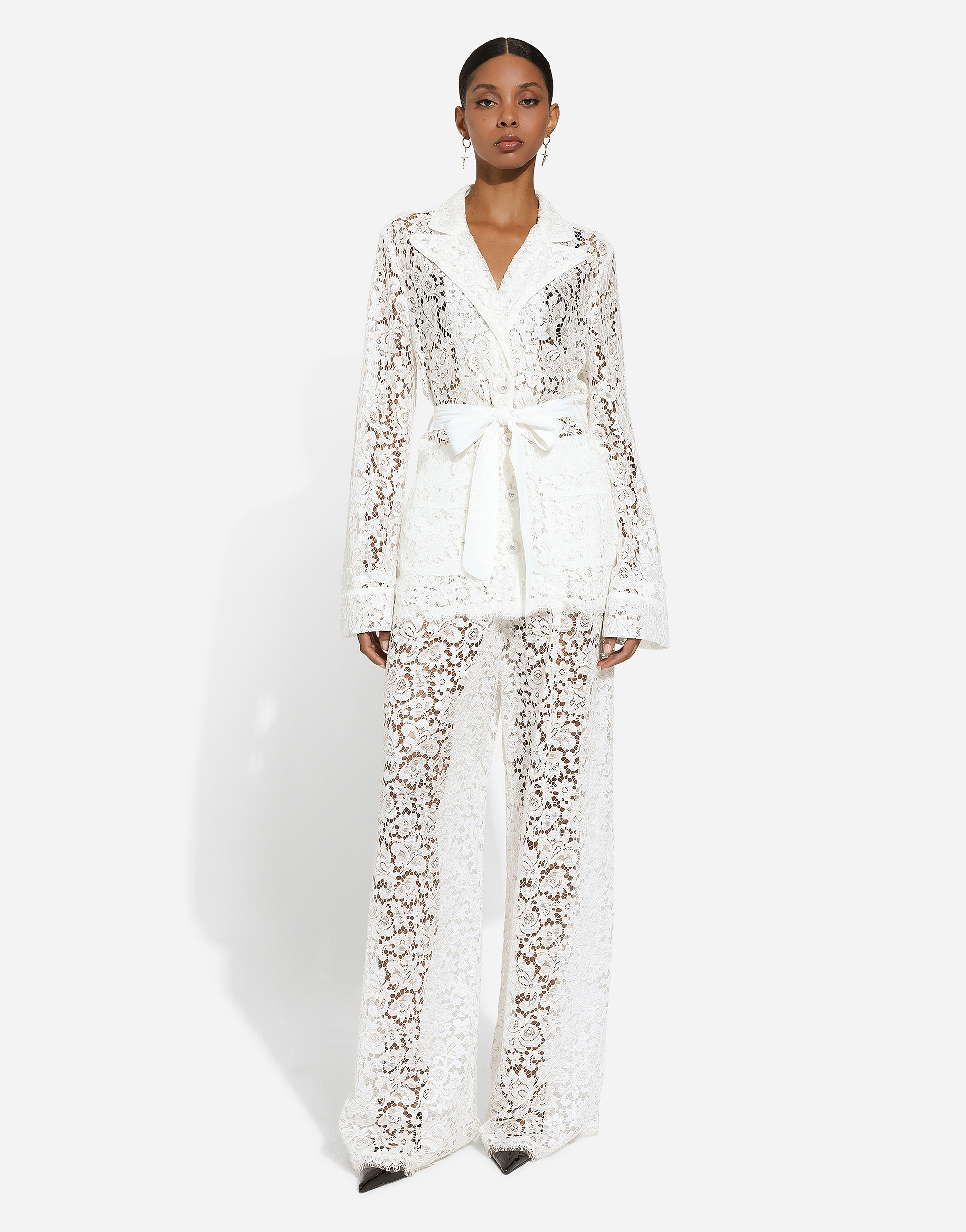Shop Dolce & Gabbana Flared Floral Cordonetto Lace Pants In White