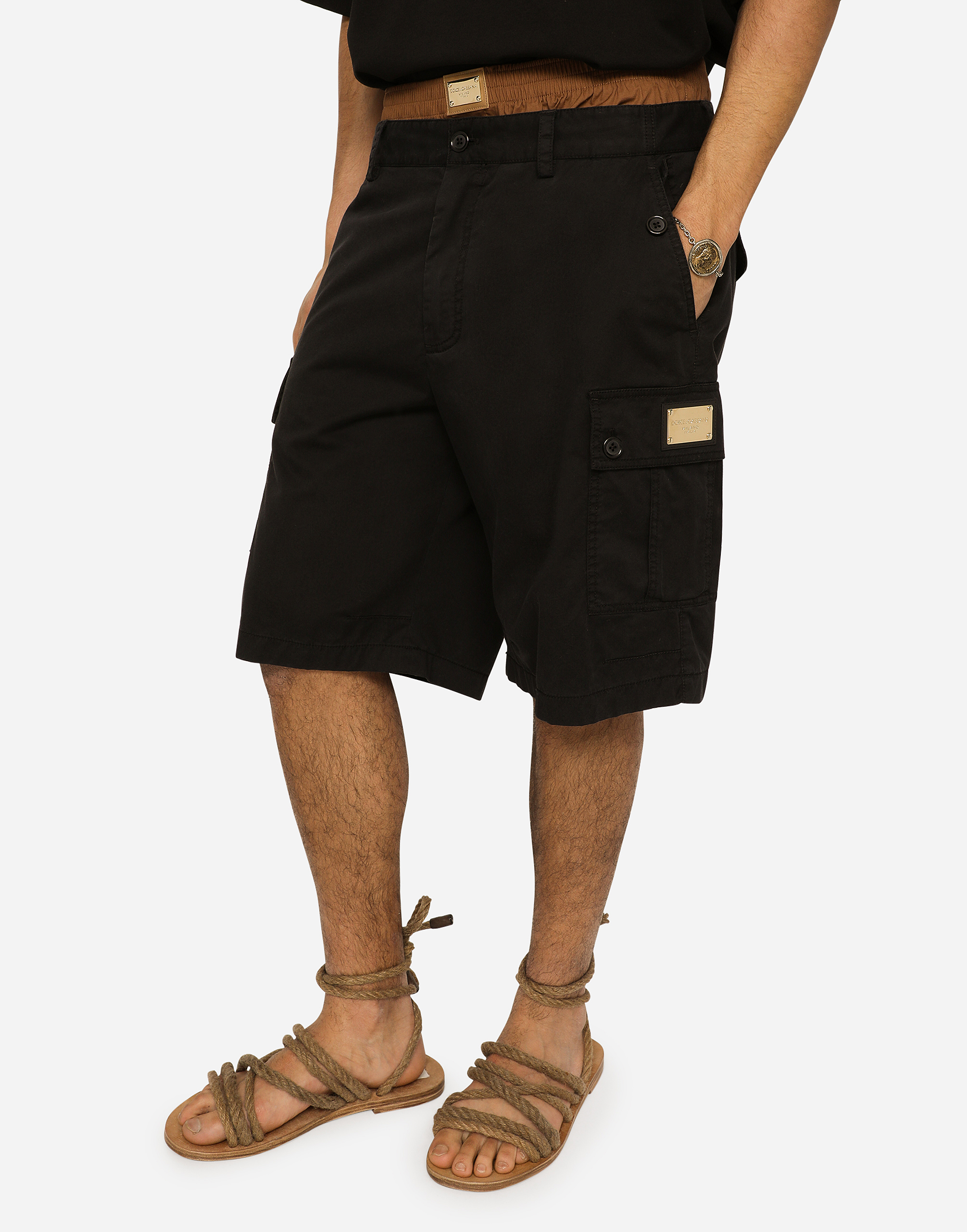 Shop Dolce & Gabbana Stretch Cotton Cargo Pants With Brand Plate In Black