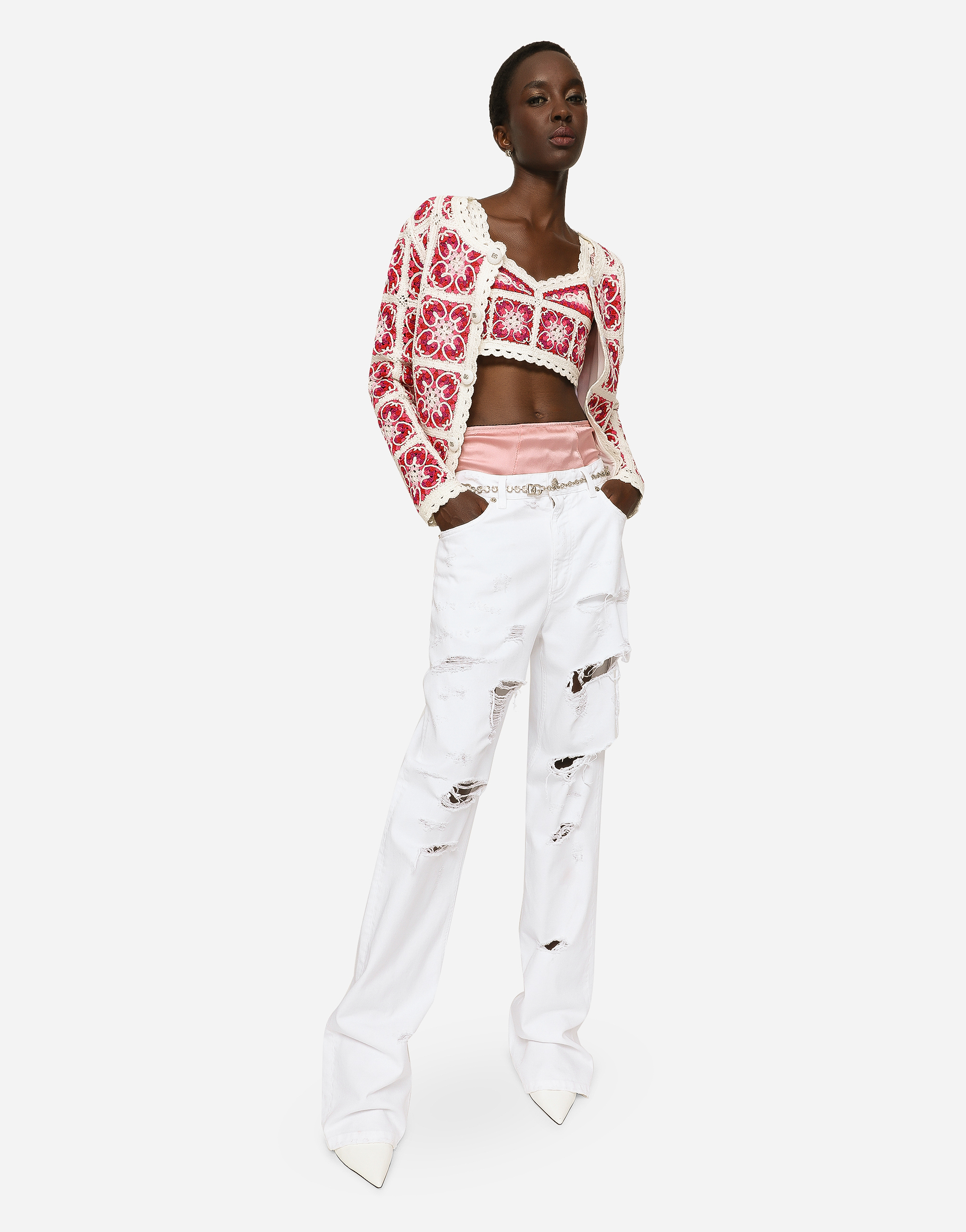 DOLCE & GABBANA BRICK-STITCHED CROCHET CARDIGAN WITH MAJOLICA PRINT