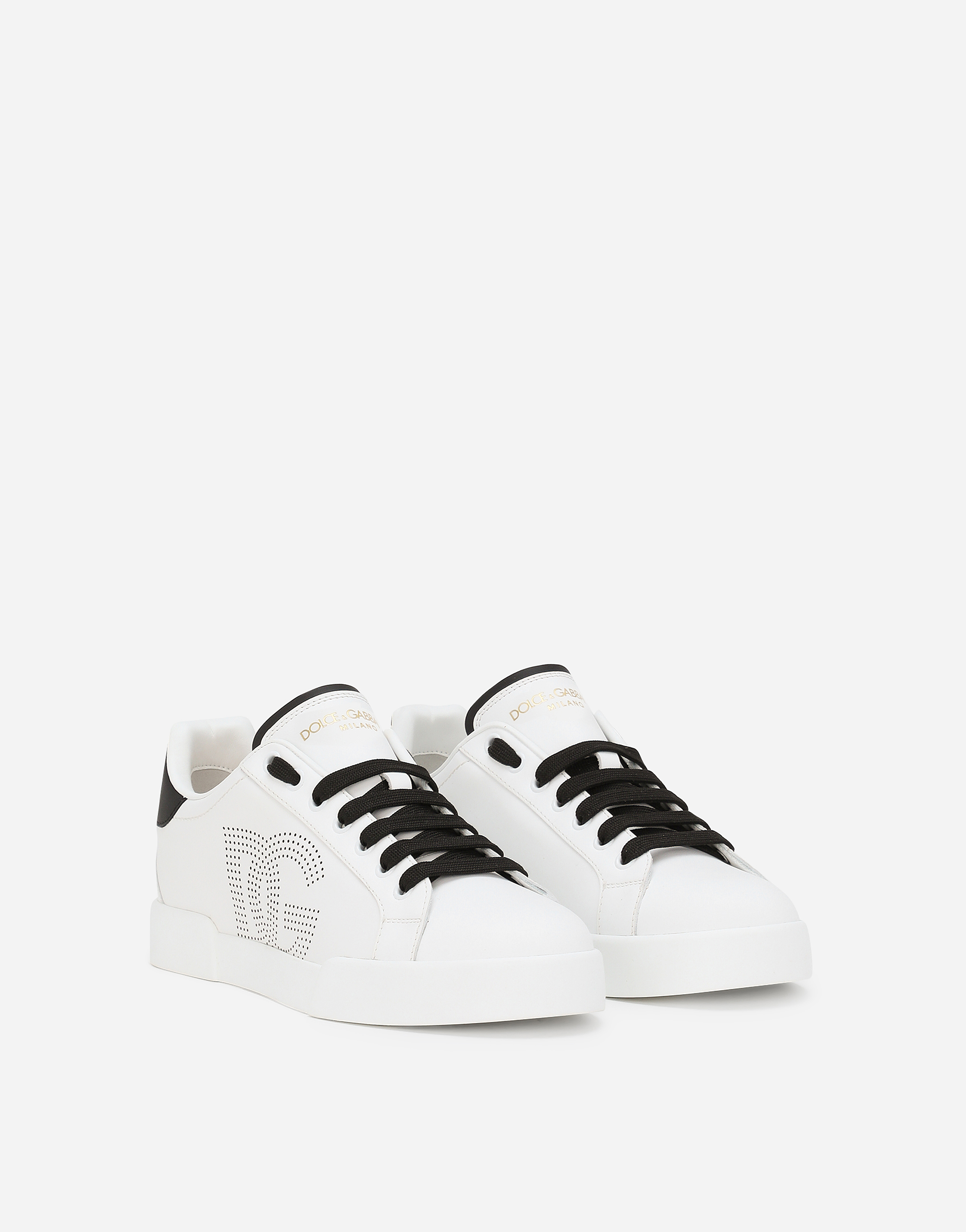 Dolce & Gabbana 'portofino Light' White Sneakers With Perforated Logo On The Side And Logo Patch On The Tongue In Bianco/nero